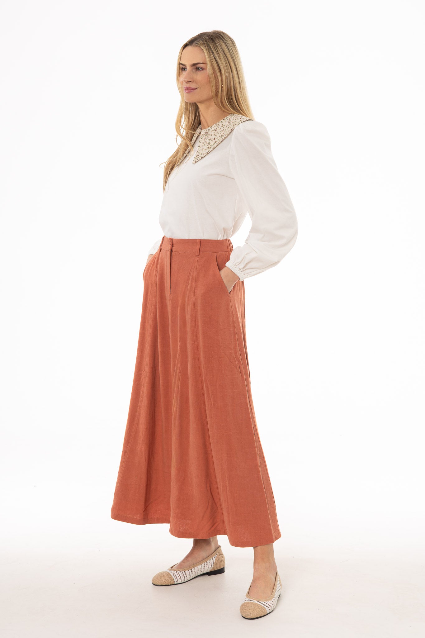 Rust Paneled Linen Feel Maxi Skirt - Image 3