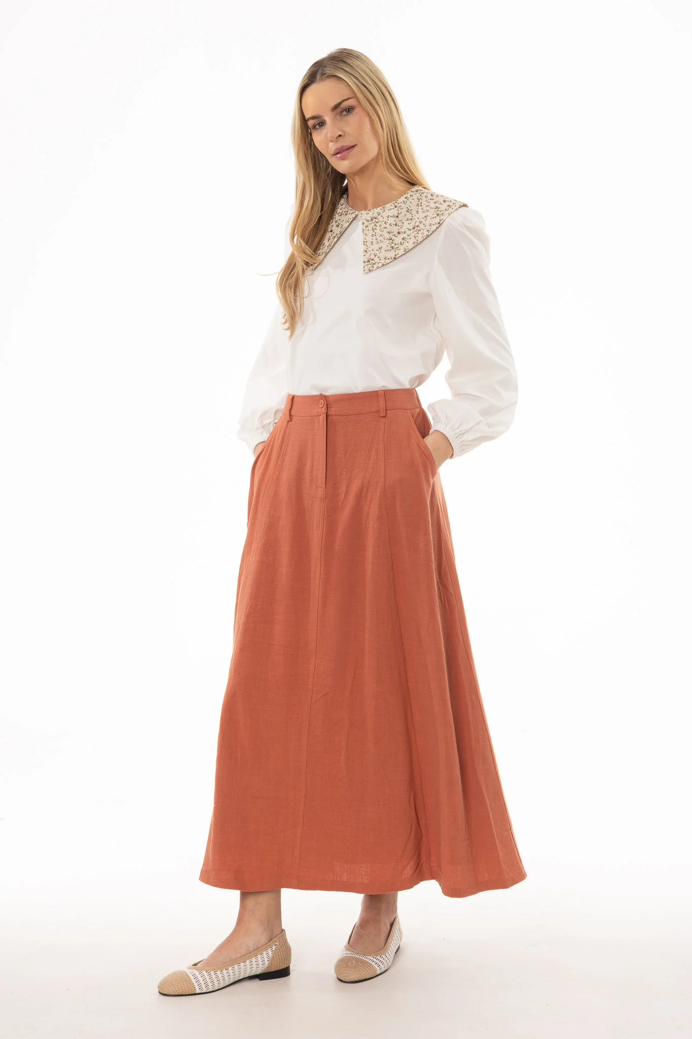 Rust Paneled Linen Feel Maxi Skirt - Image 5