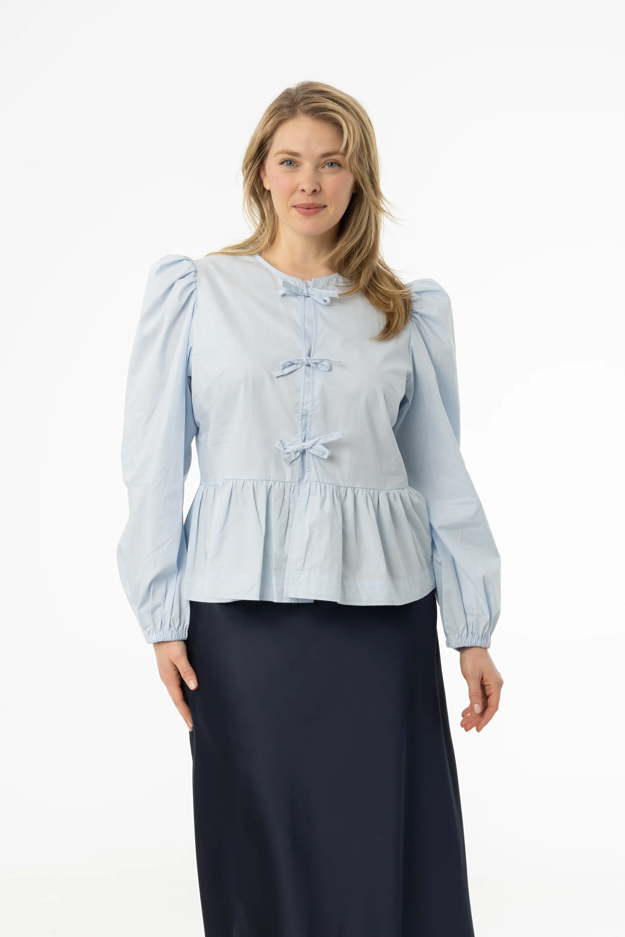 Sky Blue Cotton Bow Blouse - Image 4