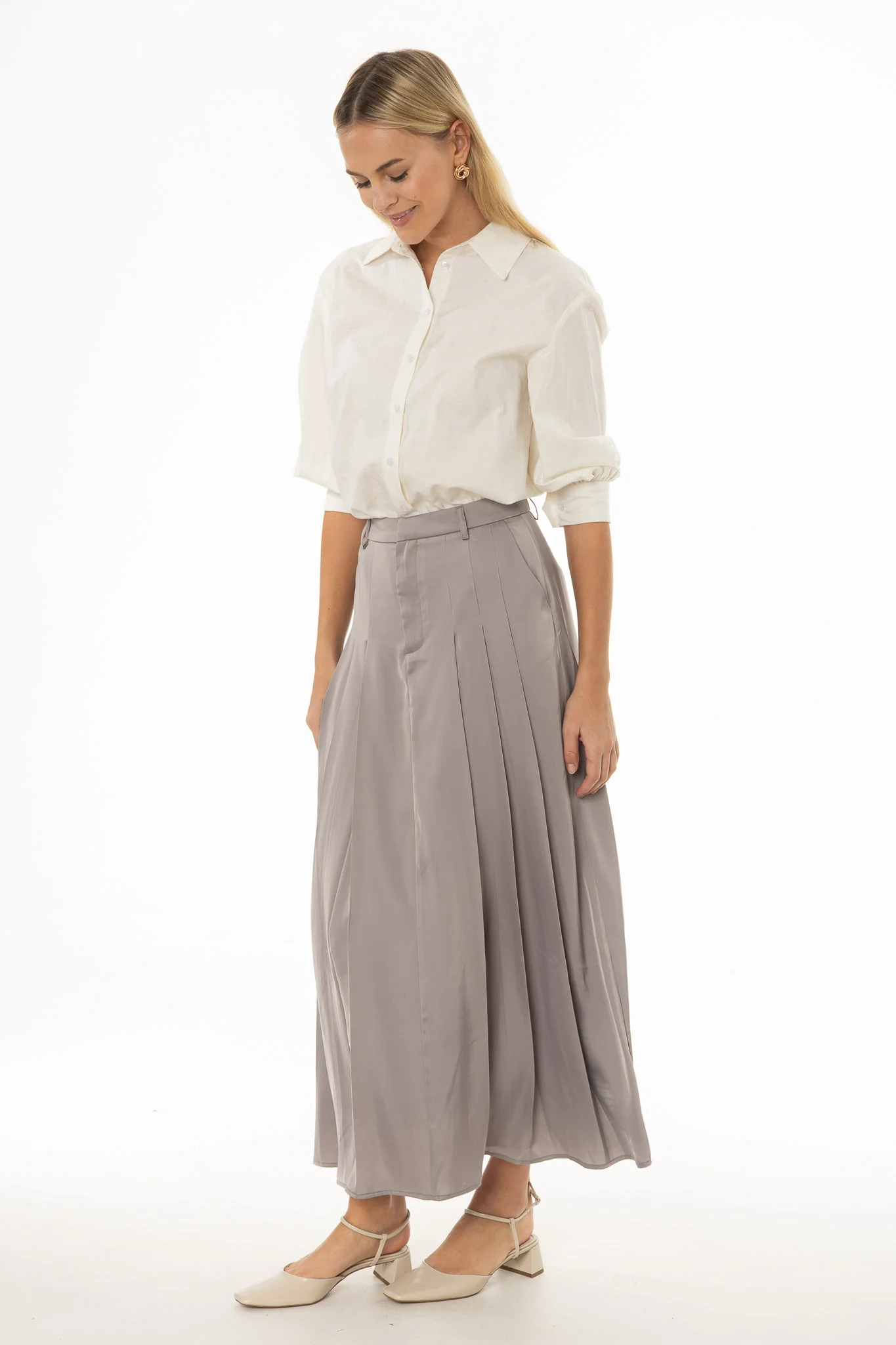 Slate Pleated Satin Maxi Skirt - Image 3