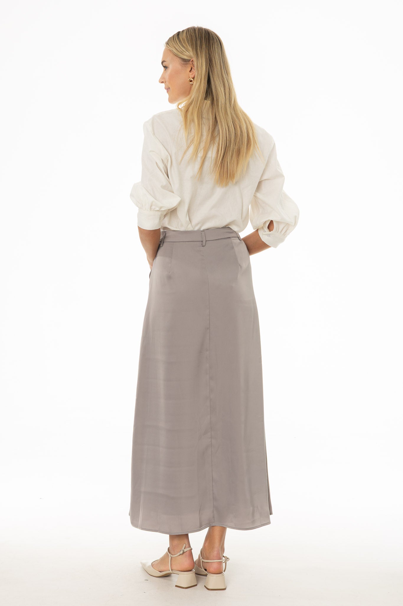Slate Pleated Satin Maxi Skirt - Image 4