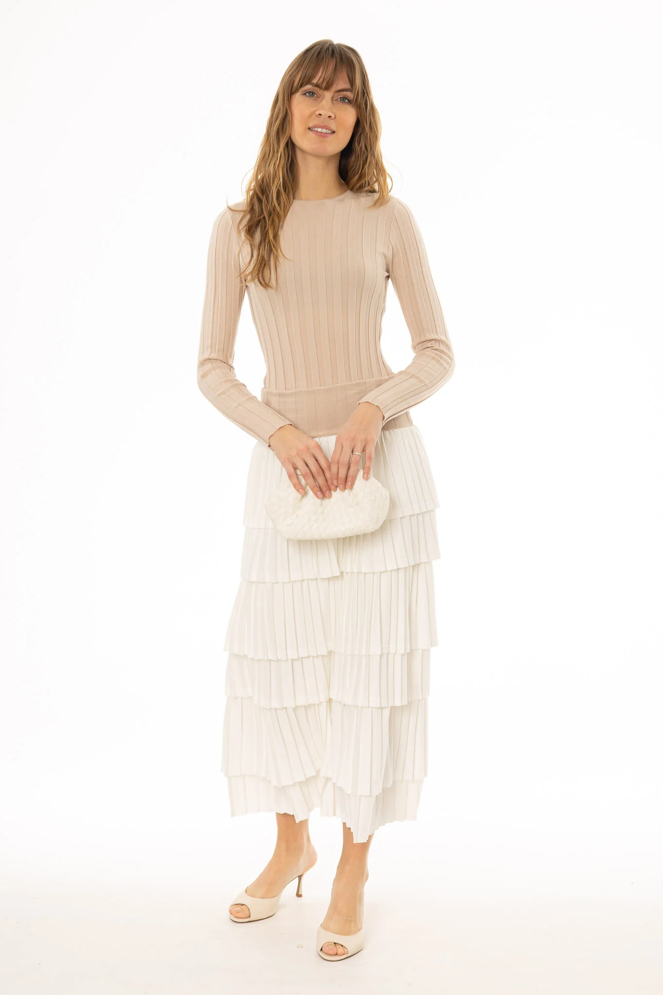 Tan Accordion Pleat Ruffle Maxi Skirt