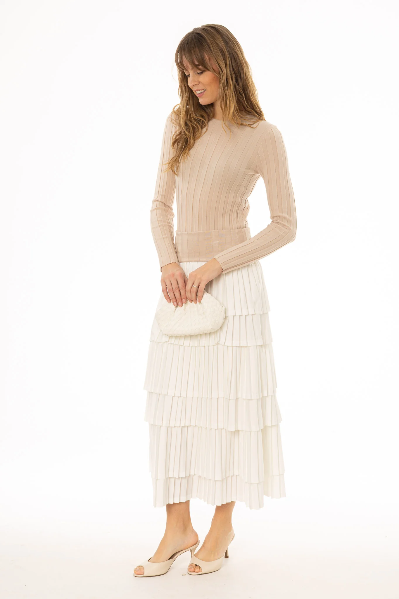 Tan Accordion Pleat Ruffle Maxi Skirt - Image 4
