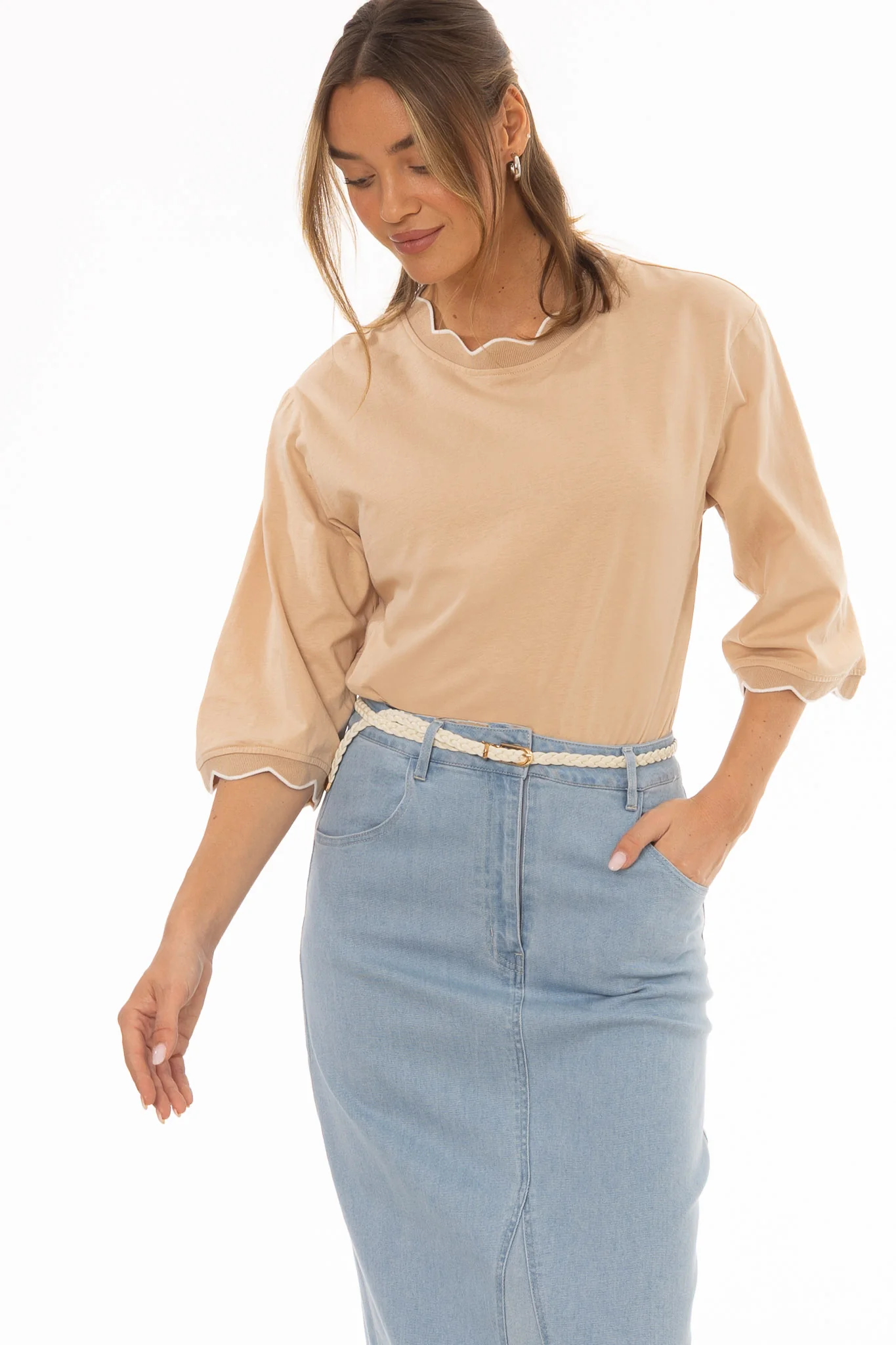 Tan Contrast Hem Dolman T-Shirt - Image 2