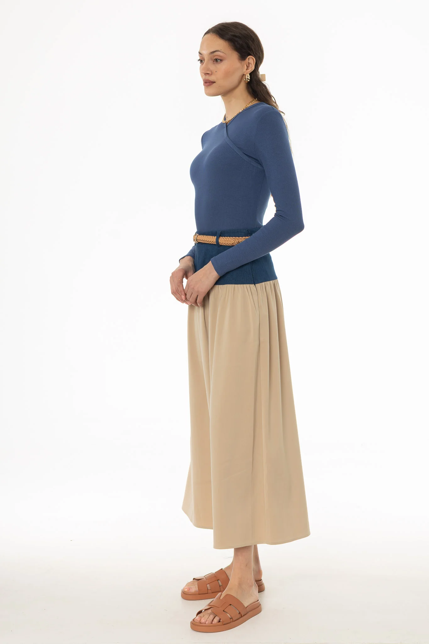 Tan Denim Combo Maxi Skirt - Image 3