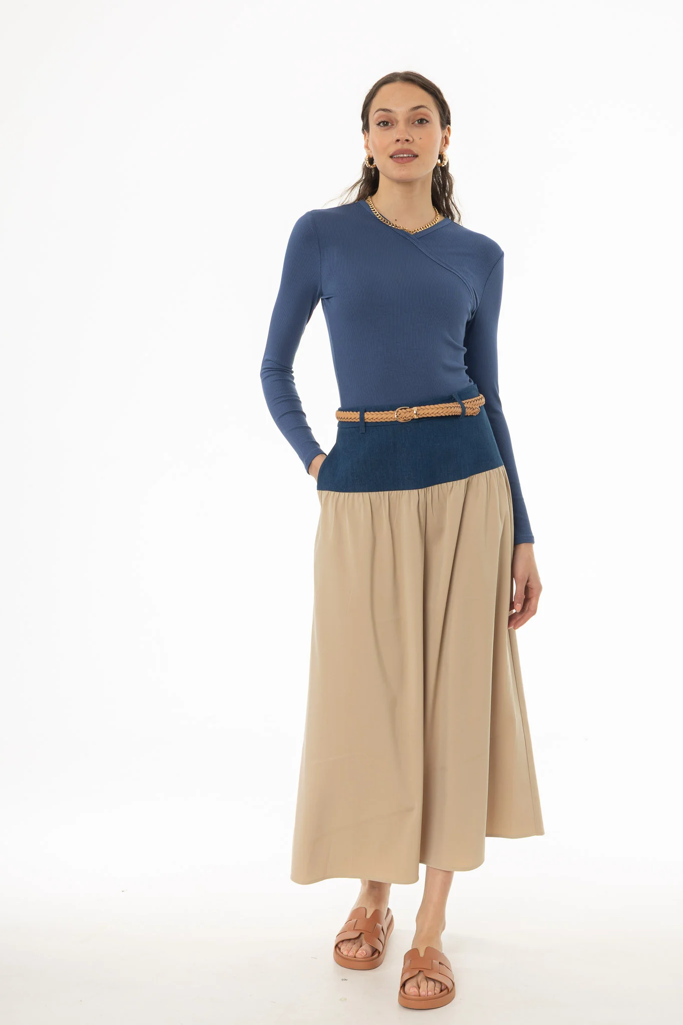 Tan Denim Combo Maxi Skirt - Image 5