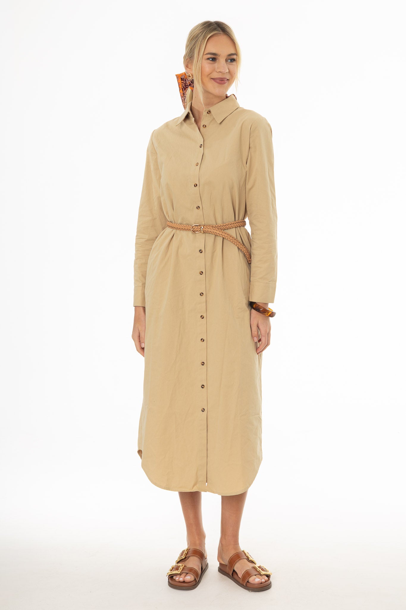 Tan Double Button Maxi Shirt Dress