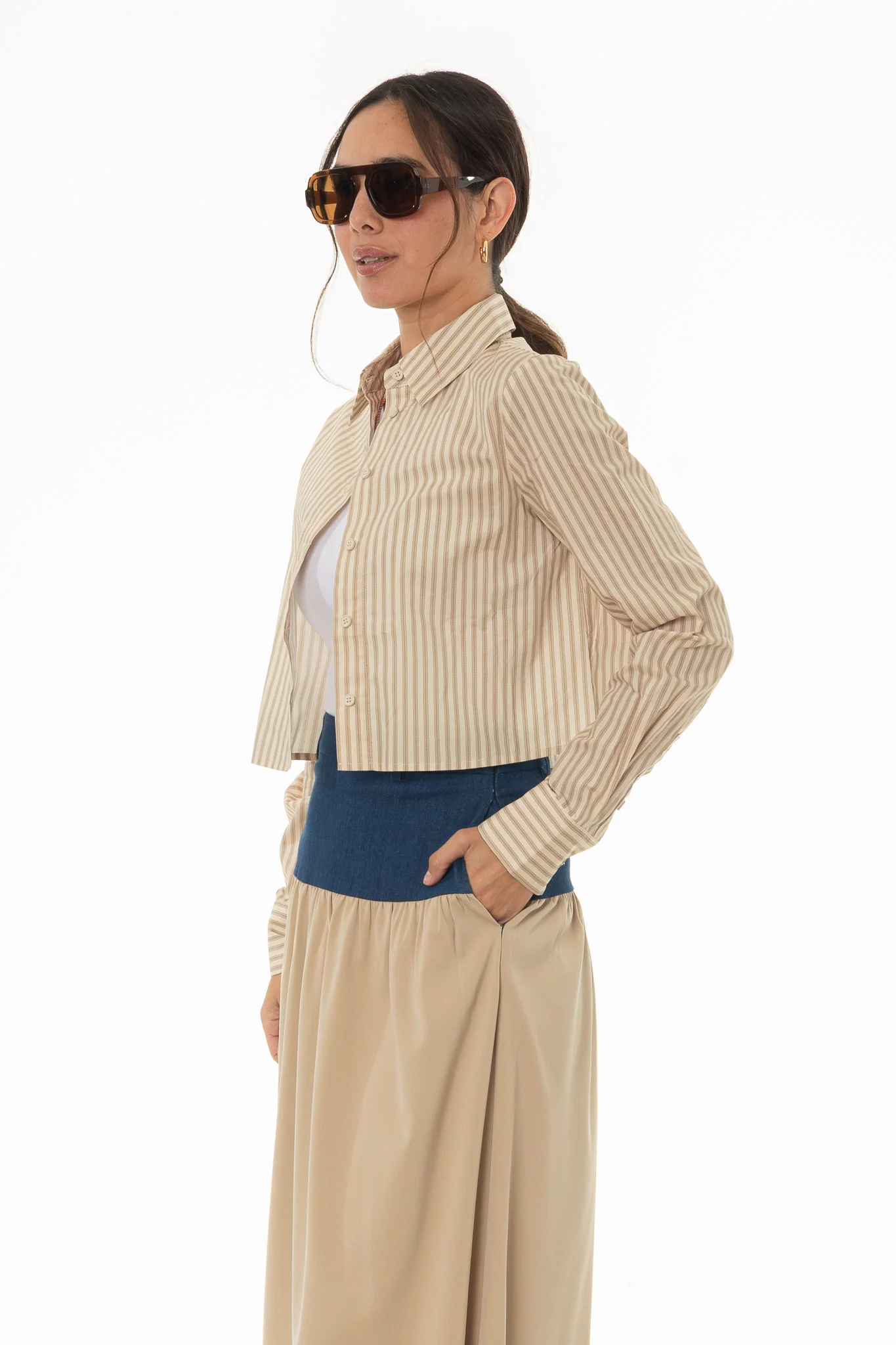 Tan Double Striped Cropped Blouse - Image 3