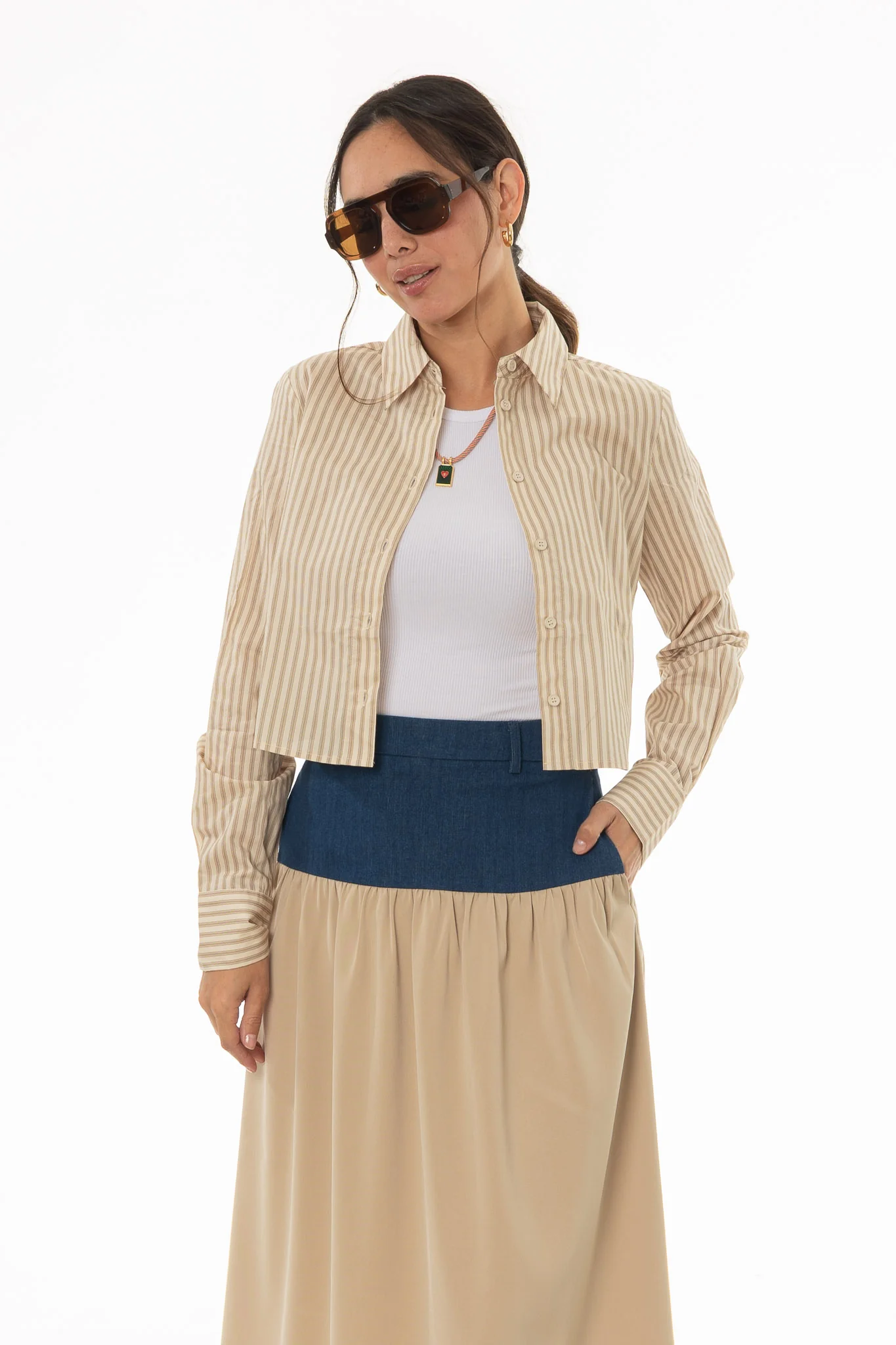Tan Double Striped Cropped Blouse - Image 5