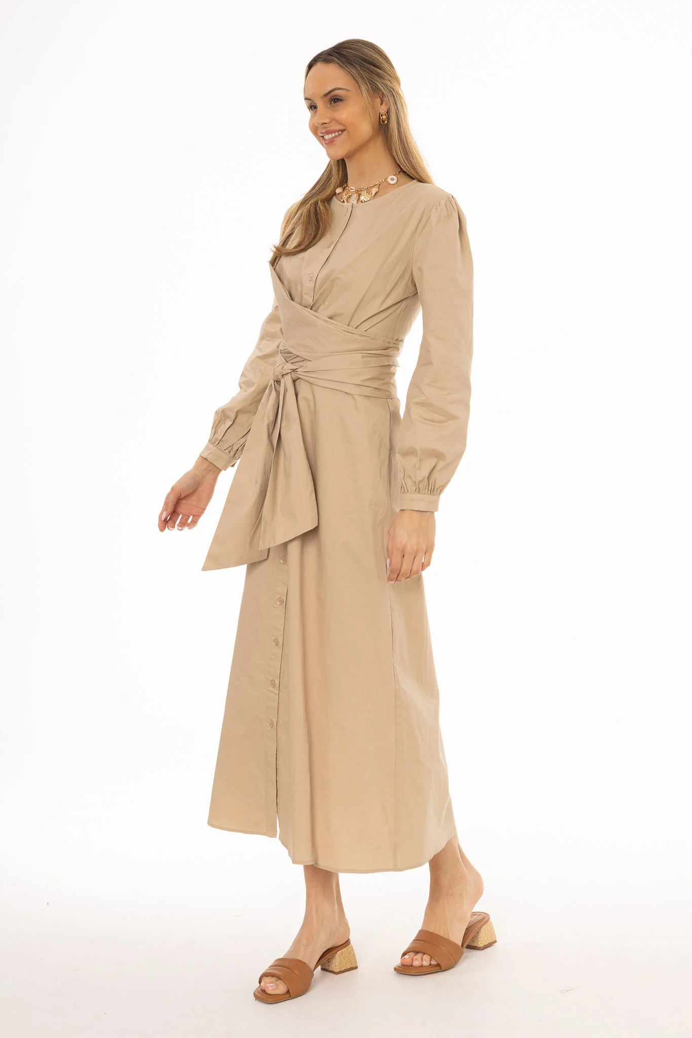Tan Drape Cotton Maxi Dress - Image 3