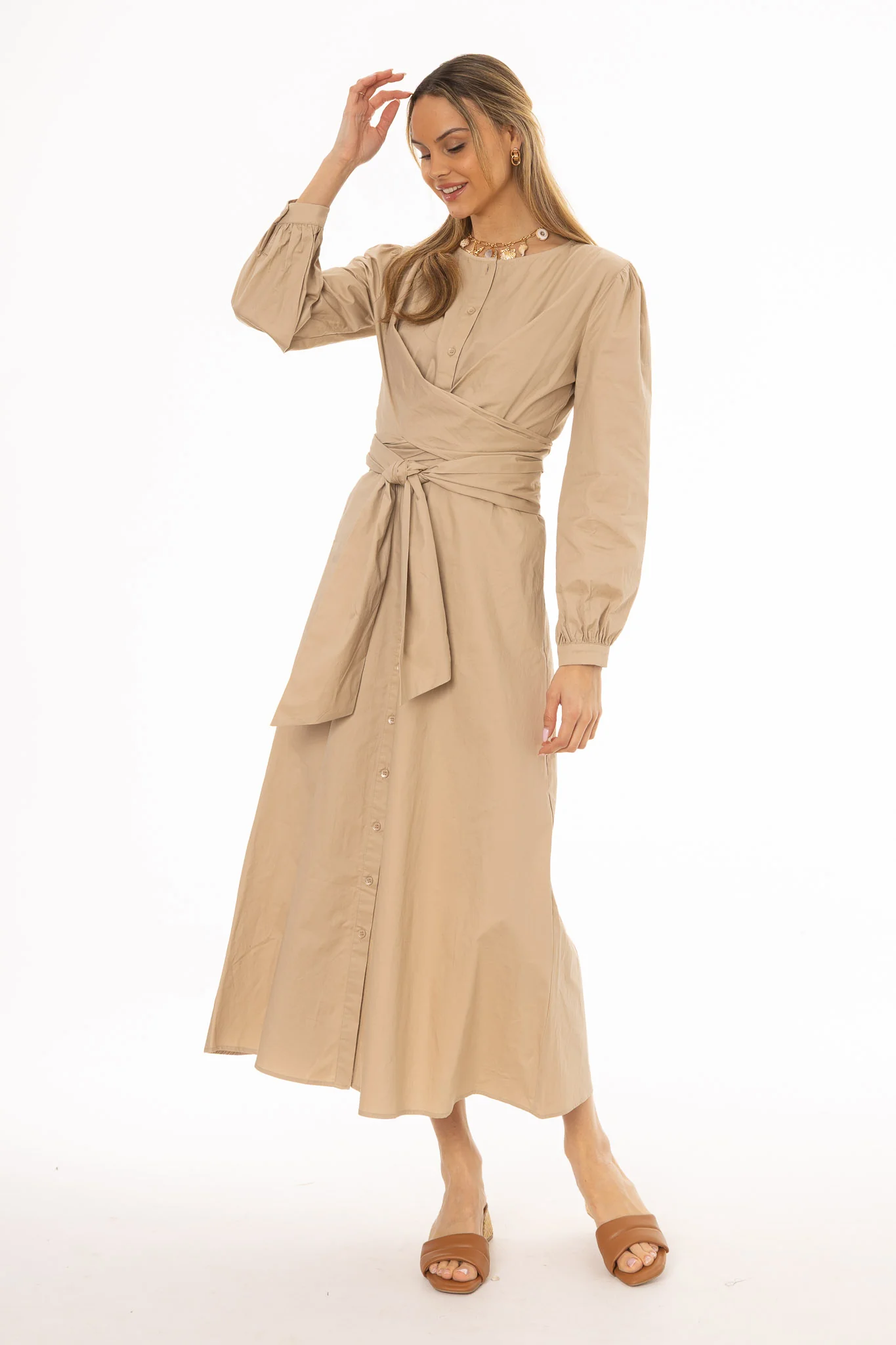 Tan Drape Cotton Maxi Dress - Image 5