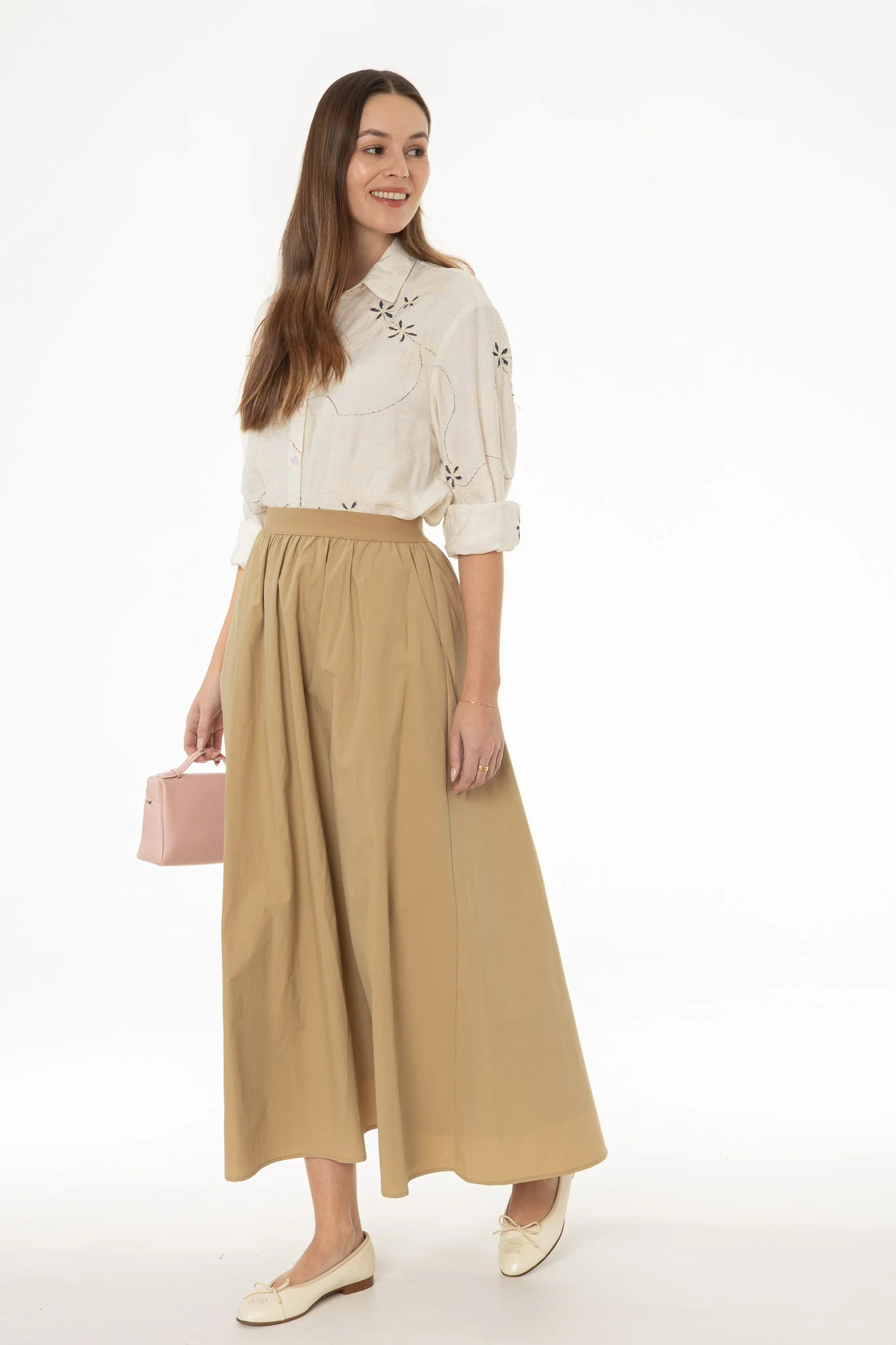 Tan Elastic Cotton Maxi Skirt - Image 3