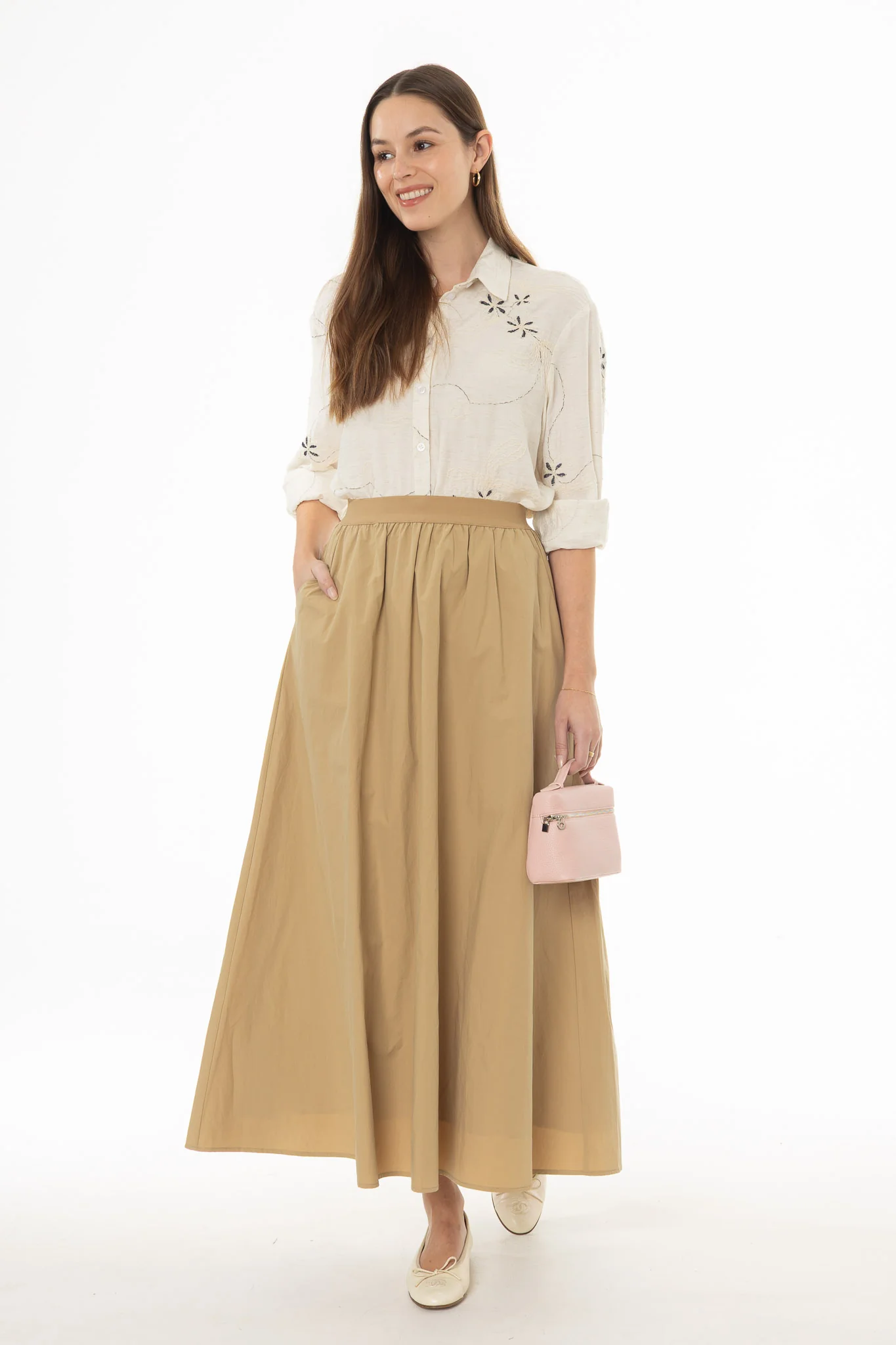 Tan Elastic Cotton Maxi Skirt - Image 5