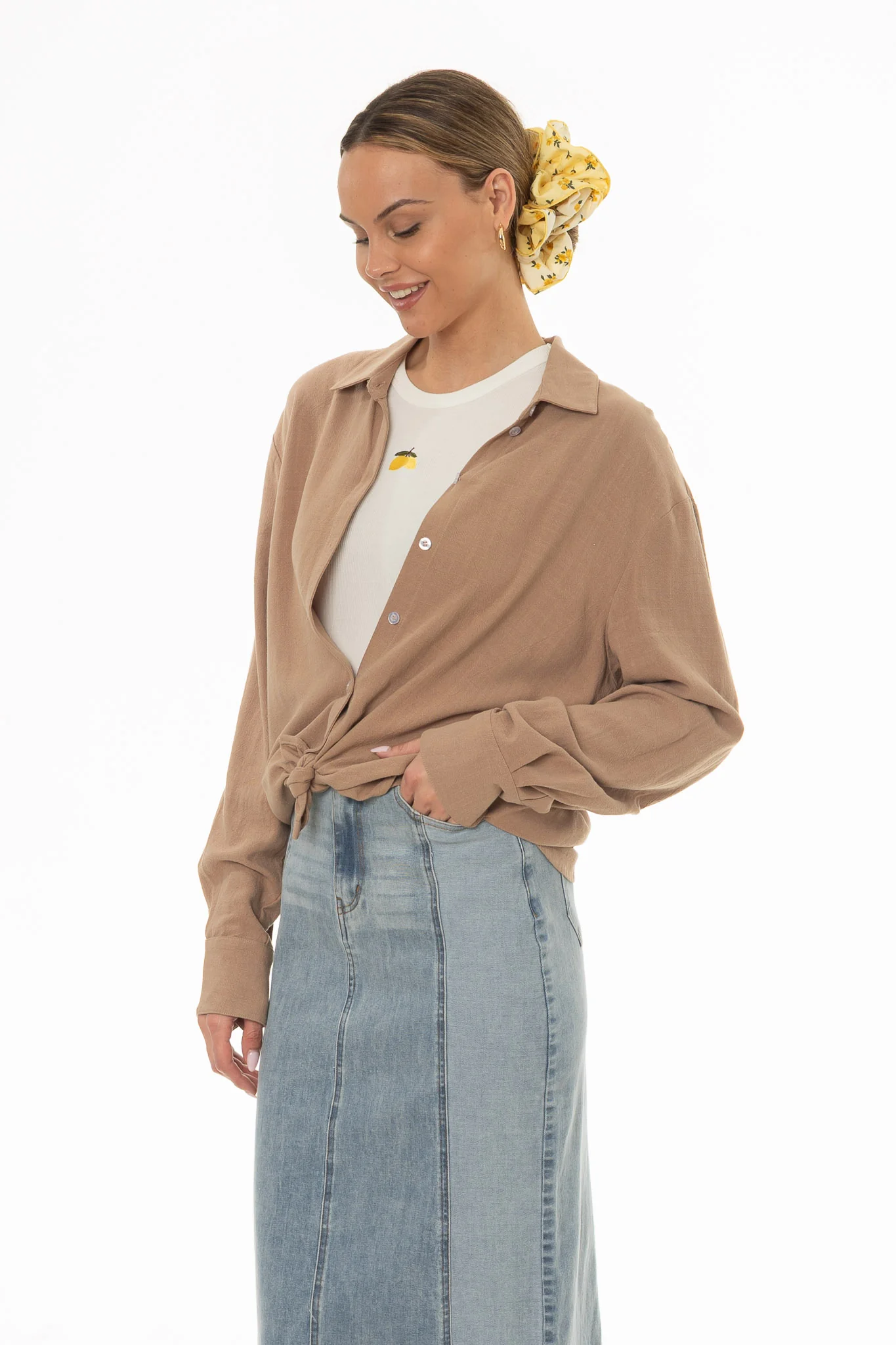 Tan Linen Feel Blouse - Image 3