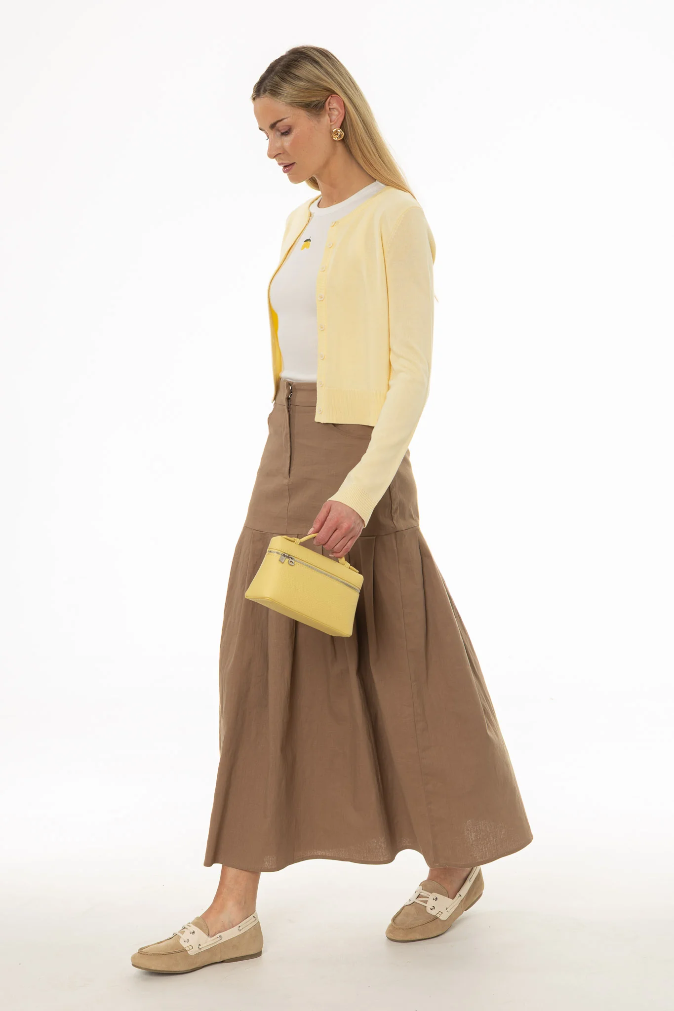 Tan Linen Feel Pleated Stretch Maxi Skirt - Image 3