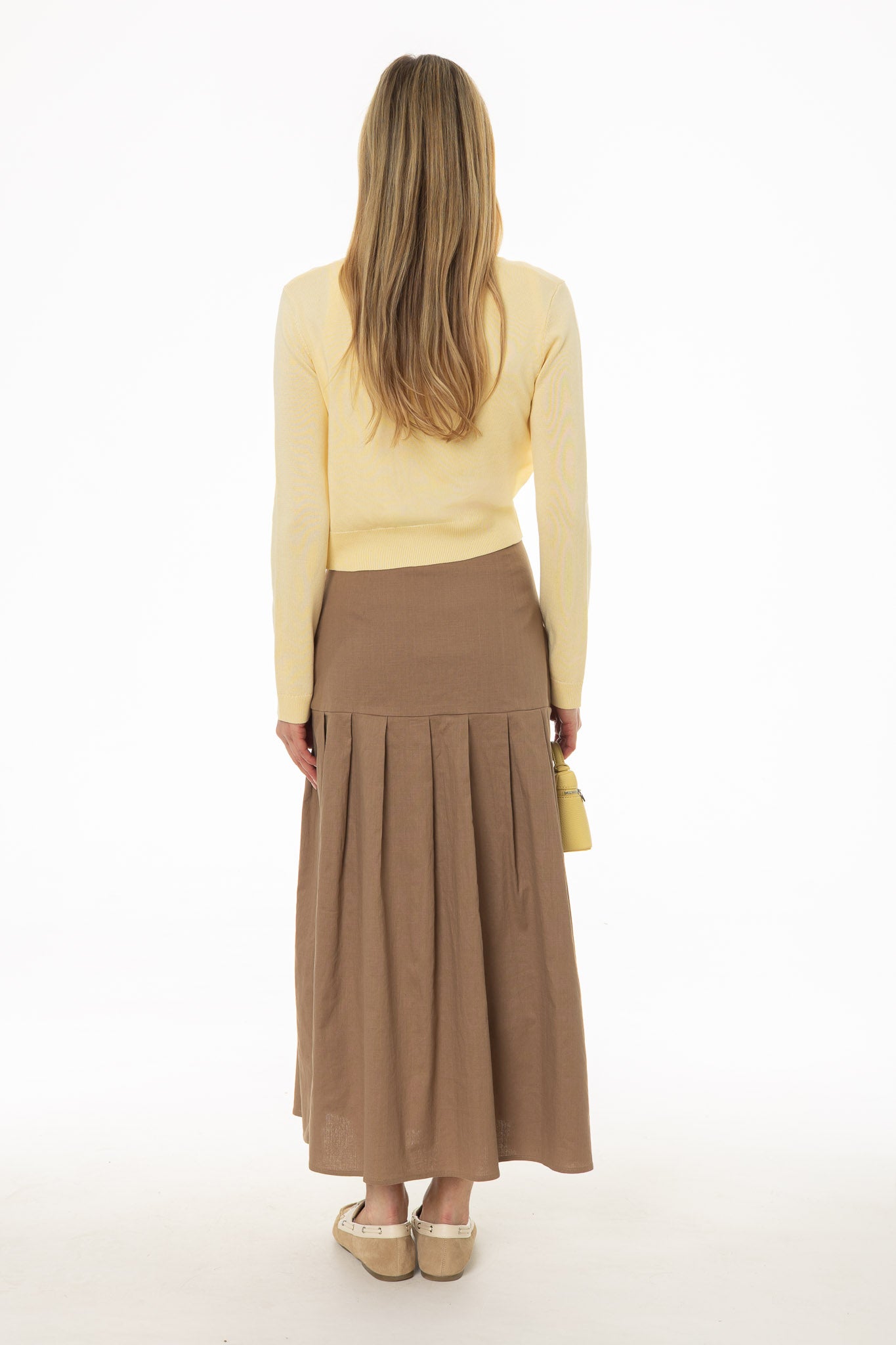 Tan Linen Feel Pleated Stretch Maxi Skirt - Image 4