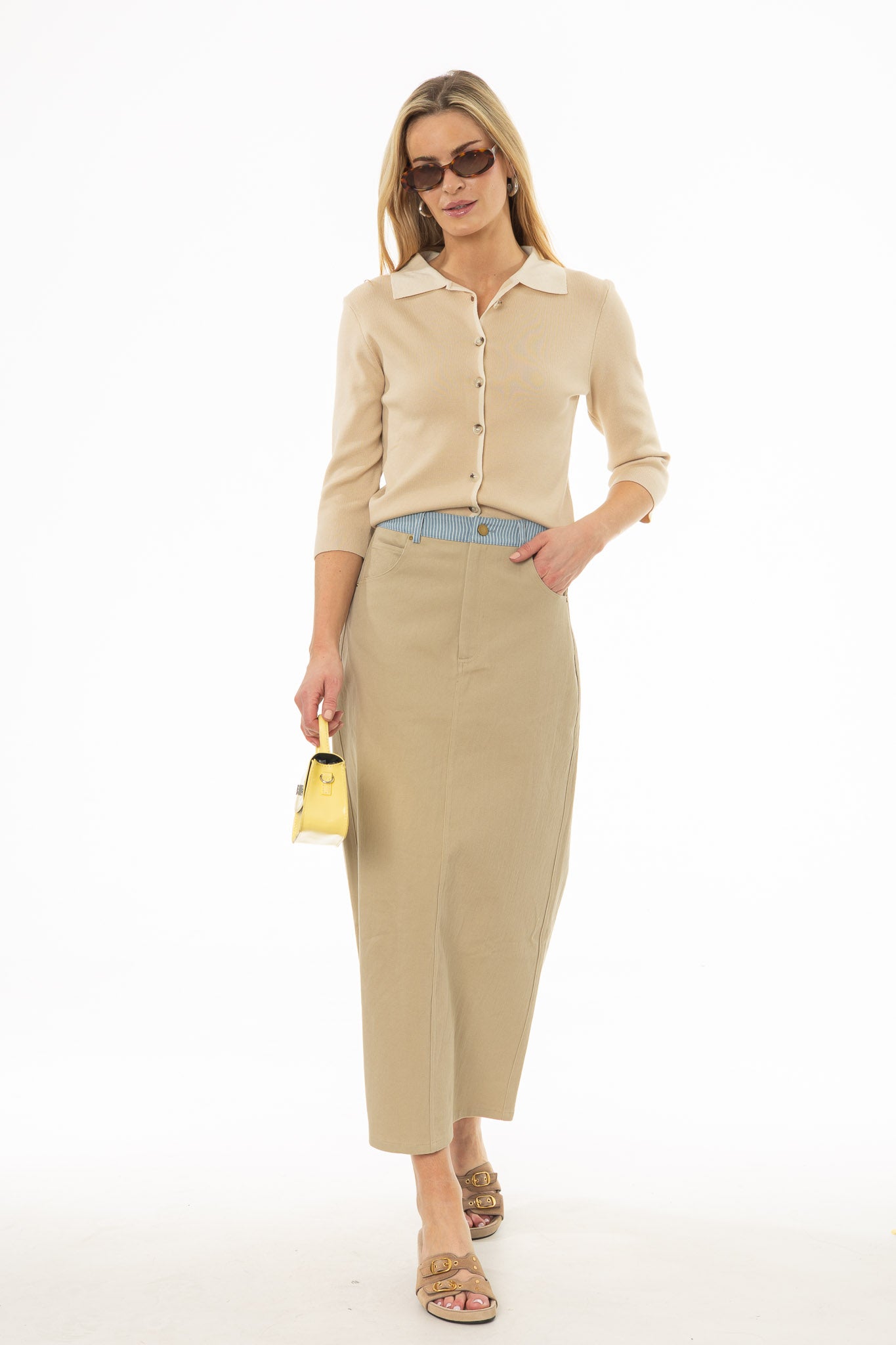 Tan Pinstripe Trim Denim Maxi Skirt
