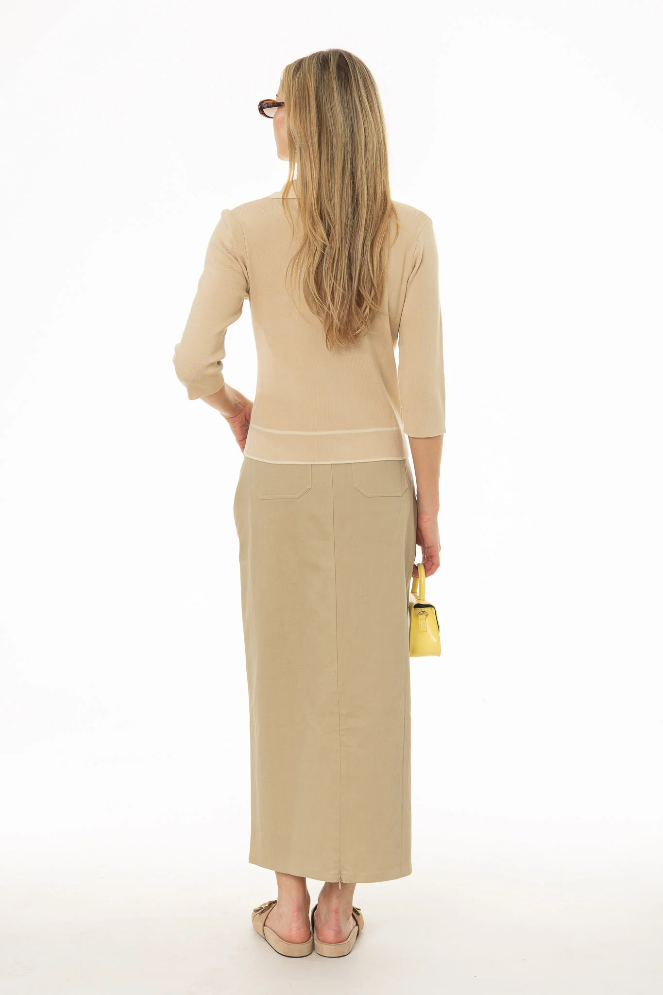 Tan Pinstripe Trim Denim Maxi Skirt - Image 5
