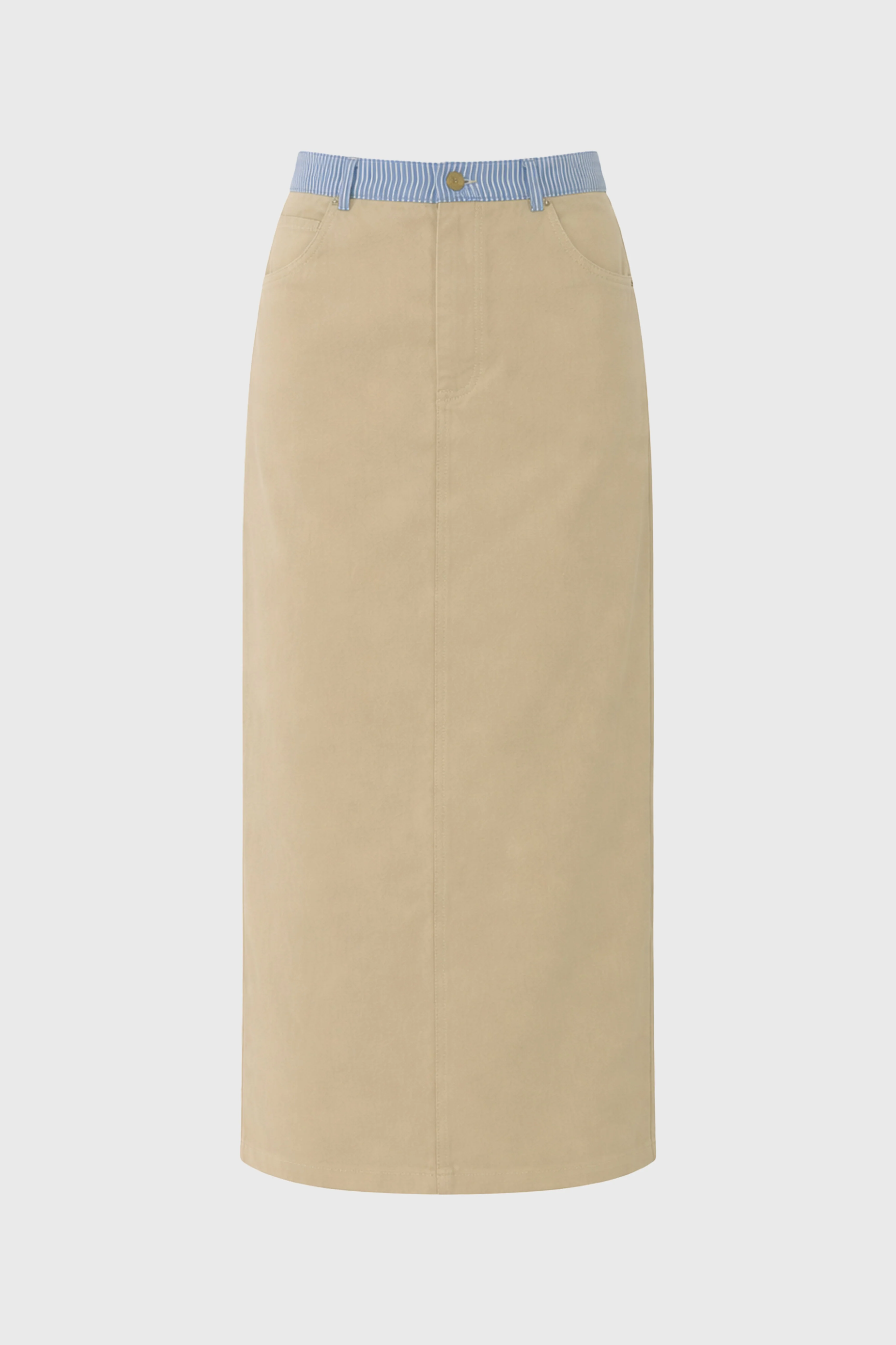 Tan Pinstripe Trim Denim Maxi Skirt - Image 6