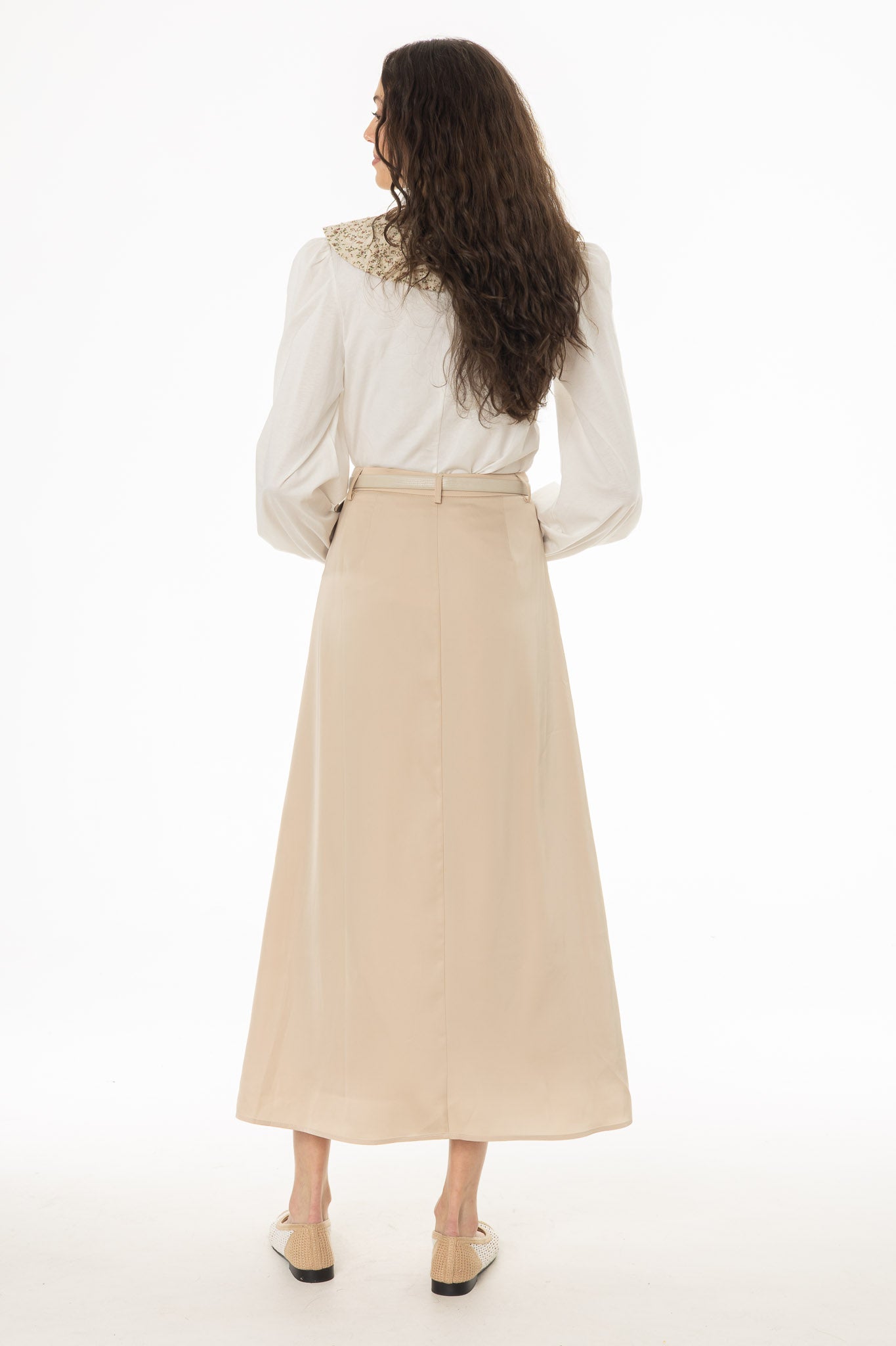 Tan Pleated Satin Maxi Skirt - Image 4