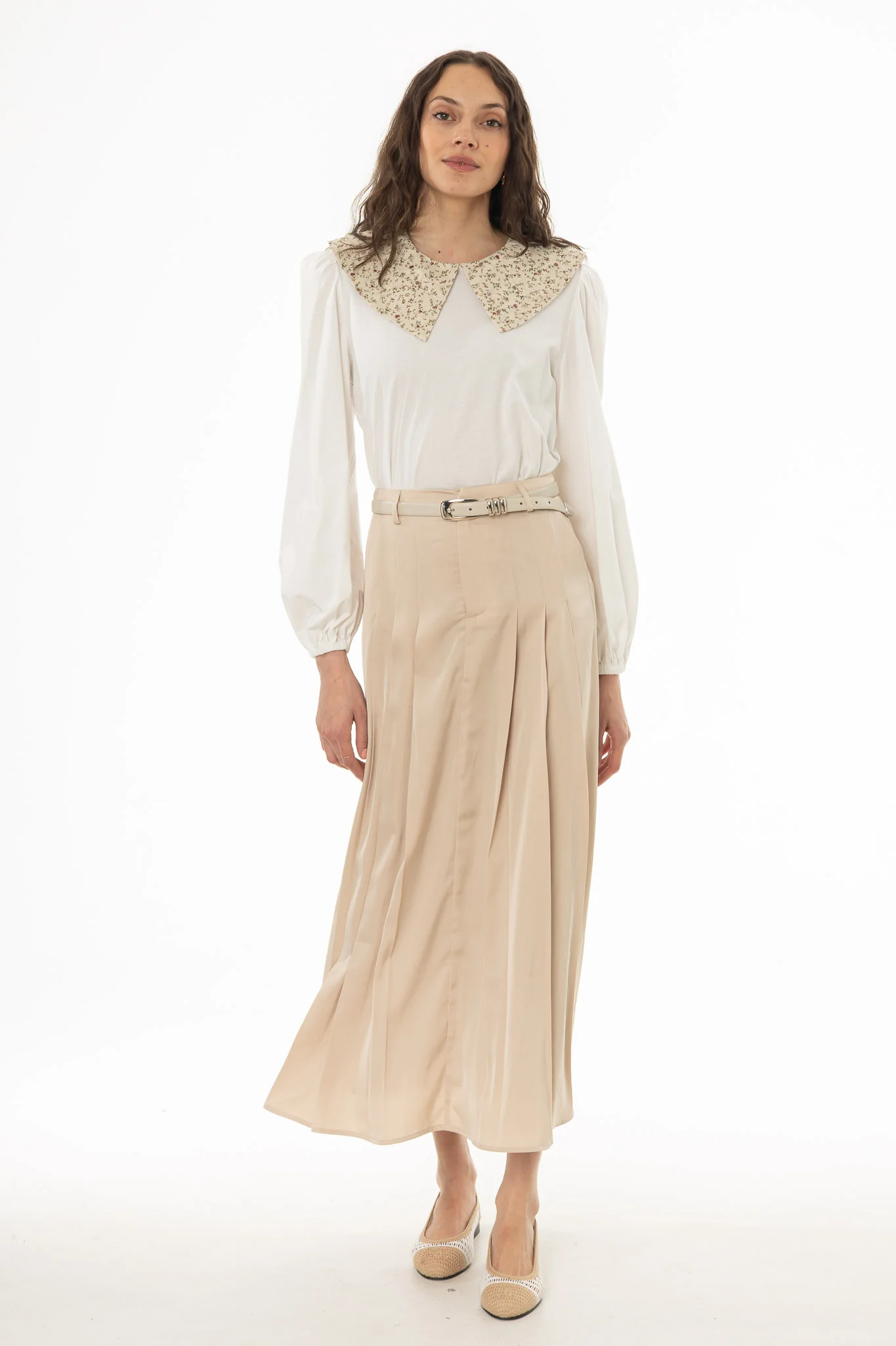 Tan Pleated Satin Maxi Skirt - Image 5