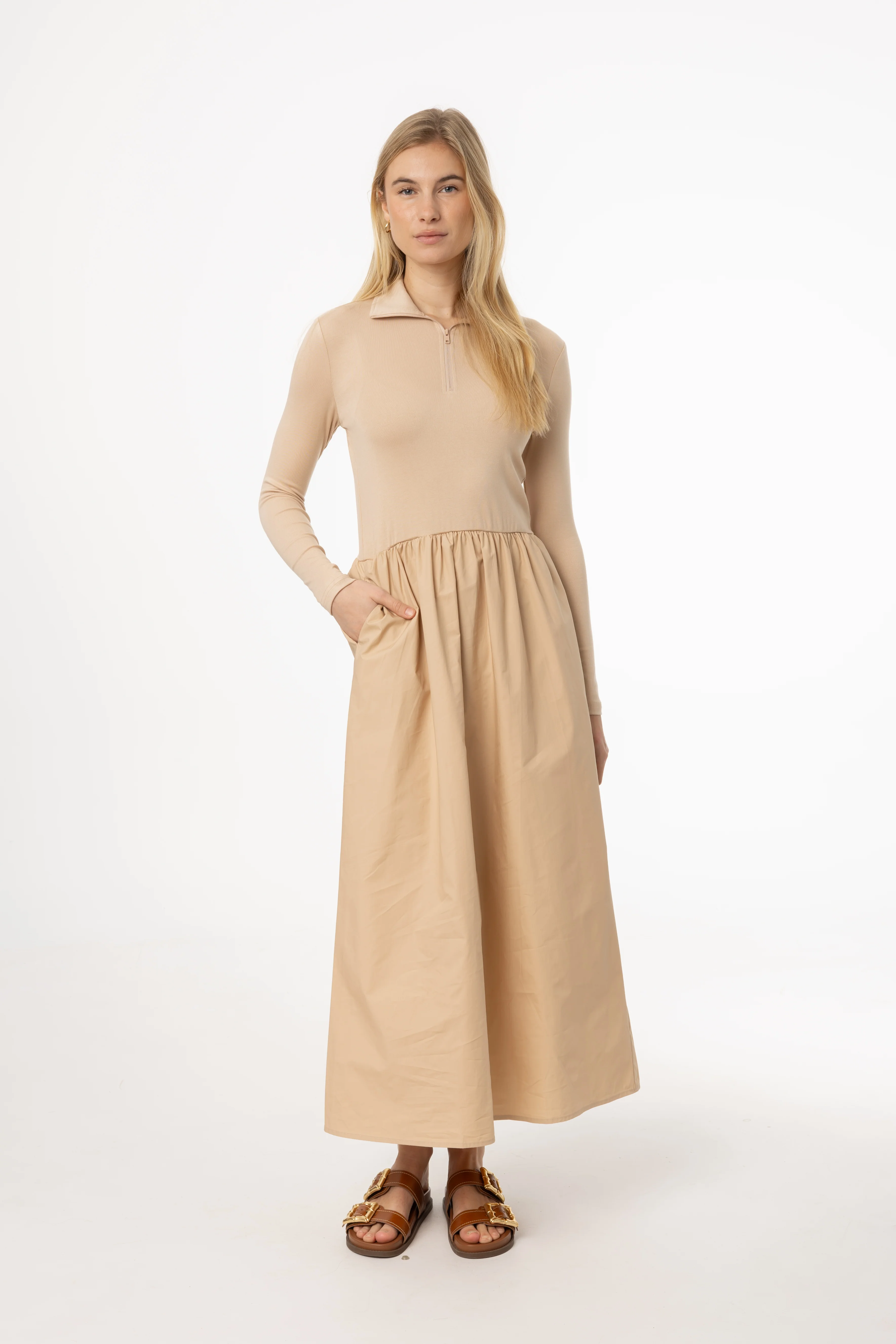 Tan Quarter Zip Maxi Dress