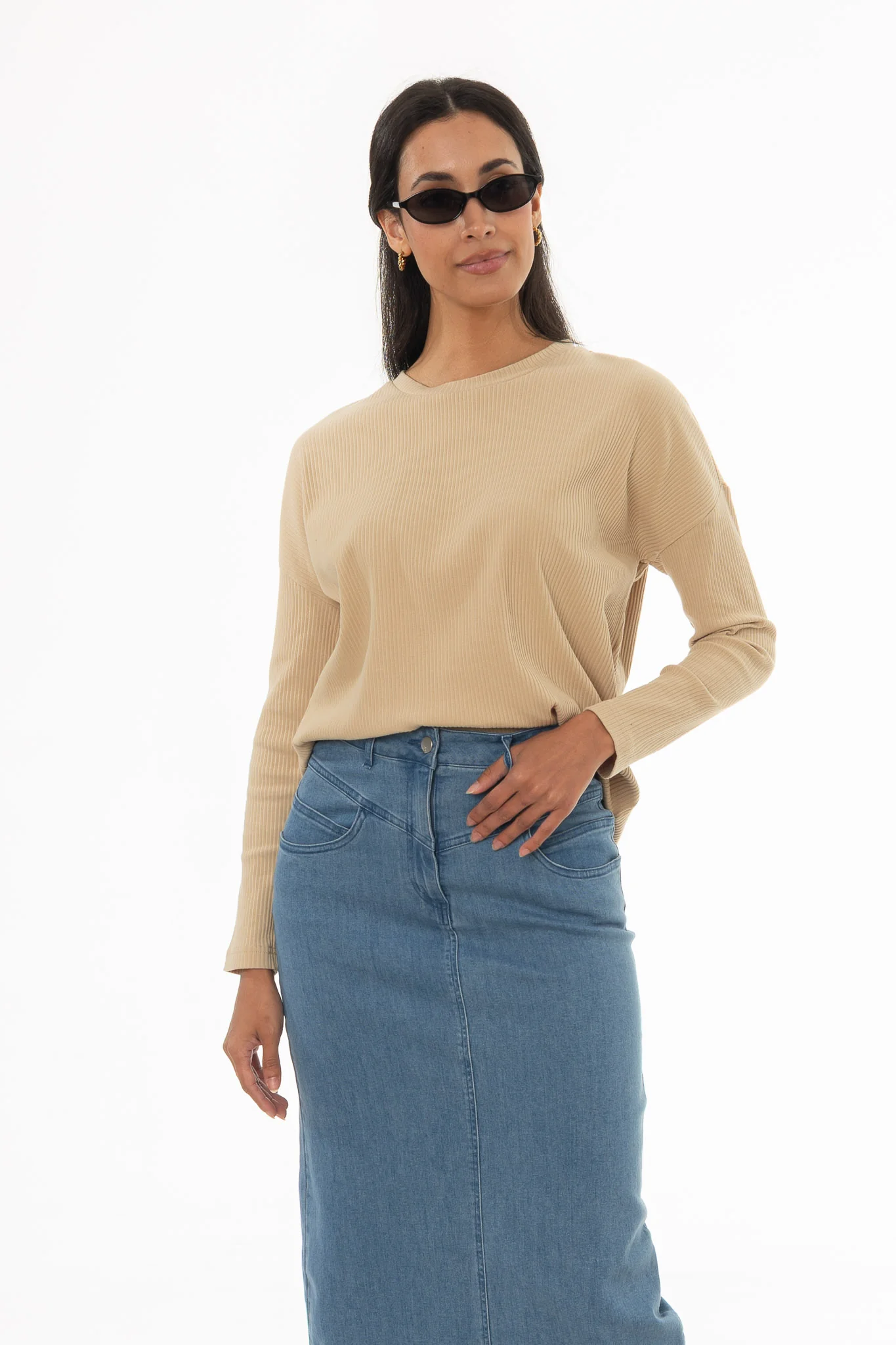 Tan Ribbed Dolman Sleeve T-Shirt - Image 2