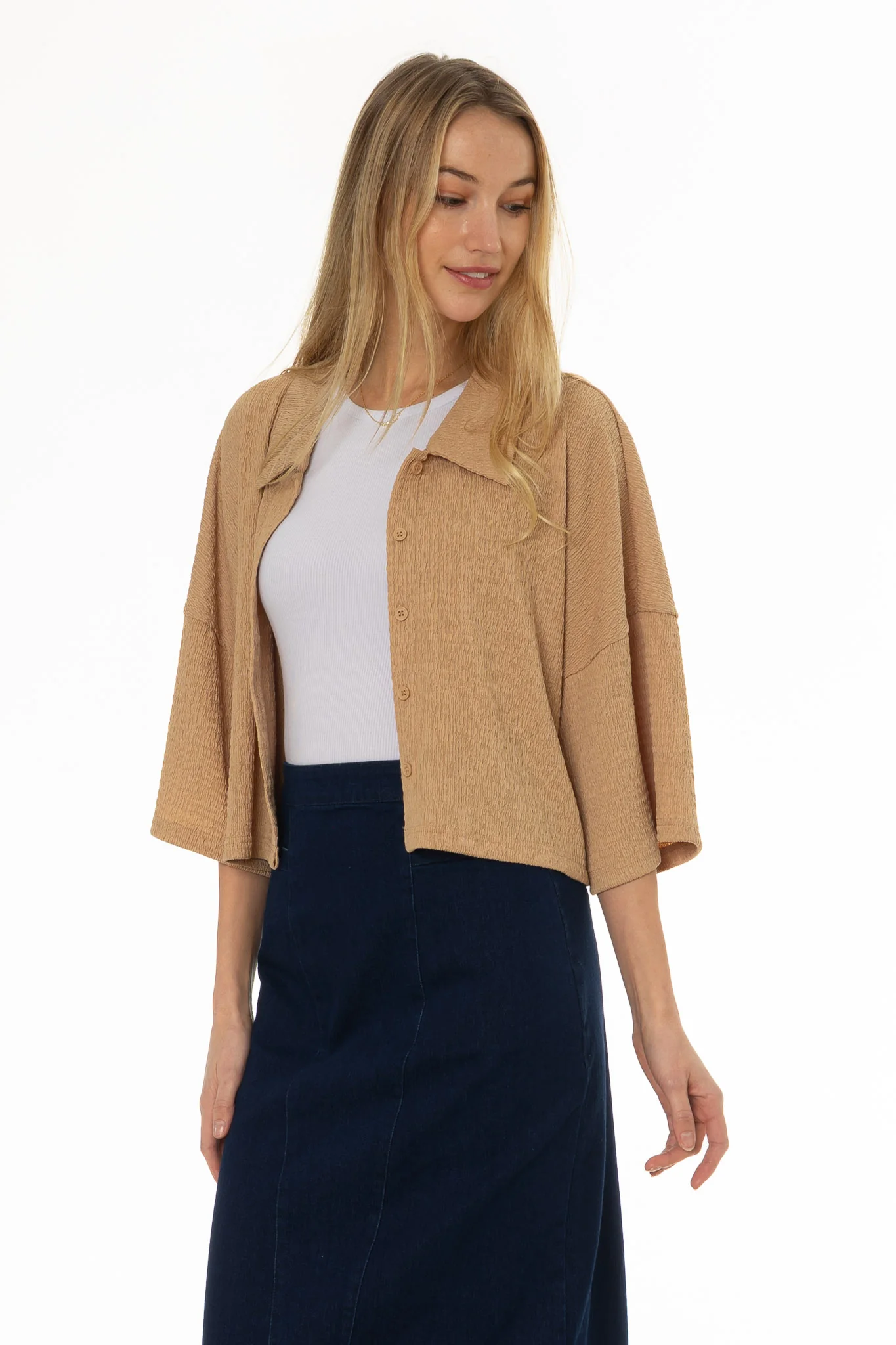 Tan Seersucker Cropped Blouse - Image 2