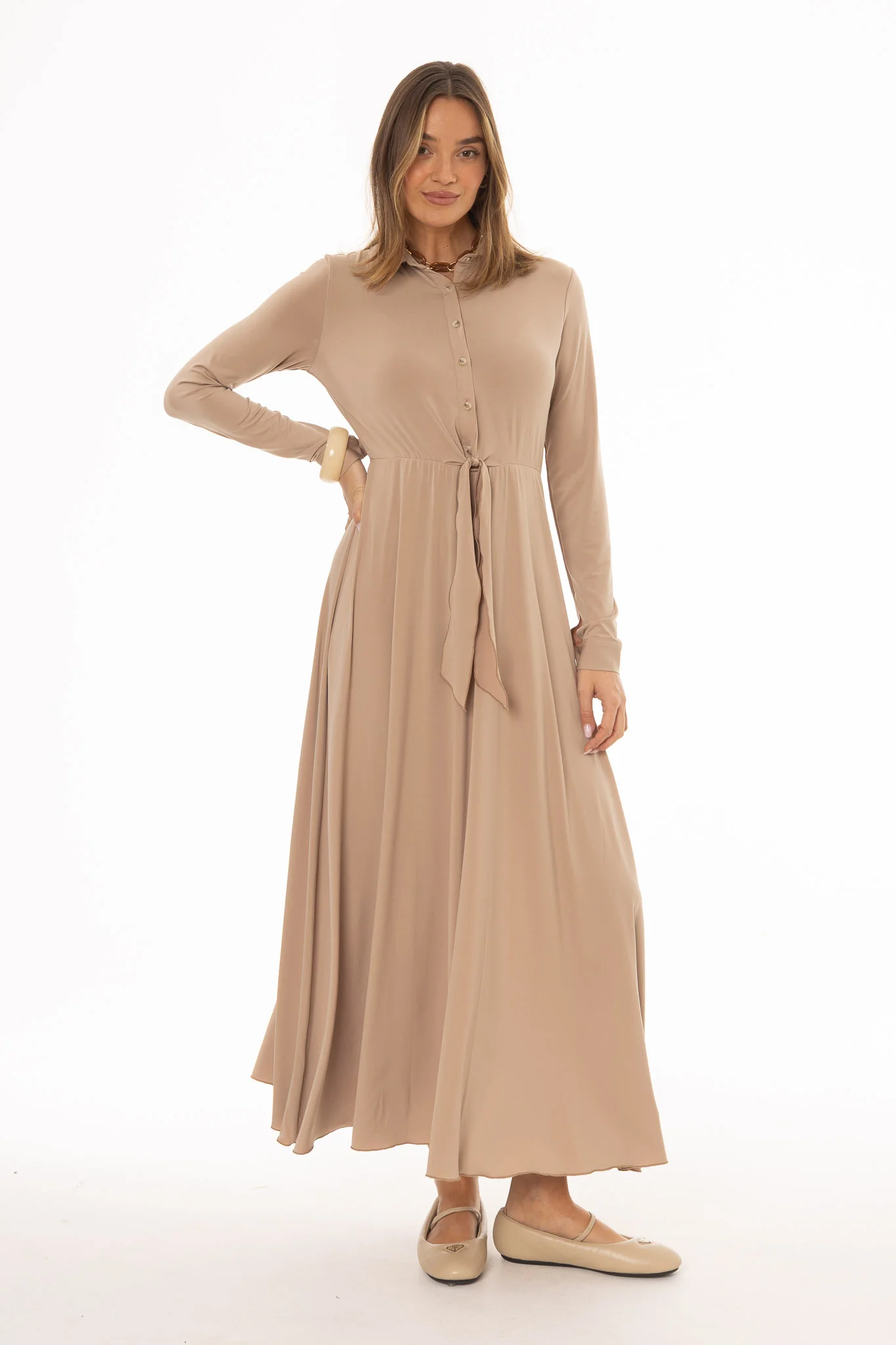 Tan Slinky Button Tie Maxi Dress