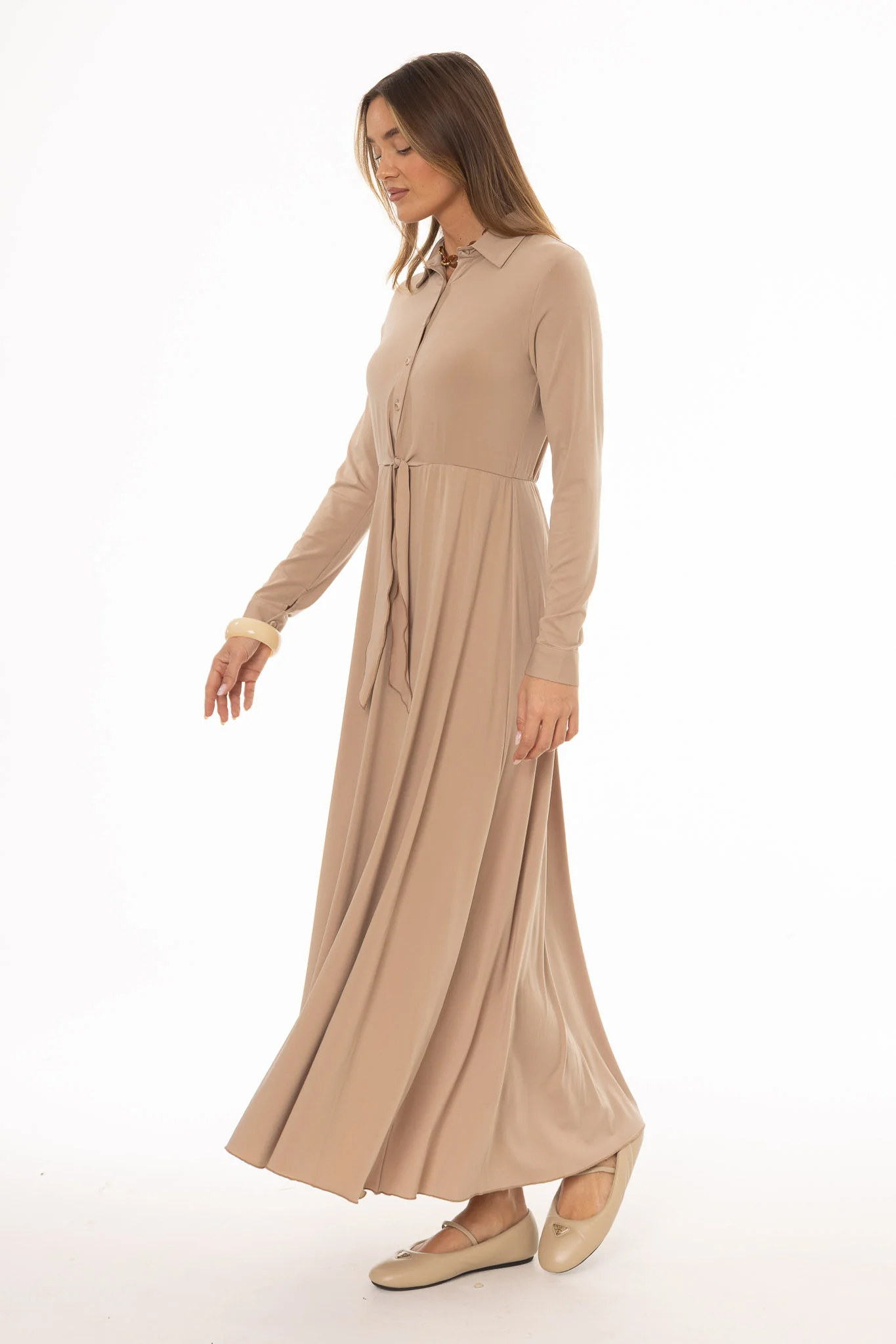 Tan Slinky Button Tie Maxi Dress - Image 3