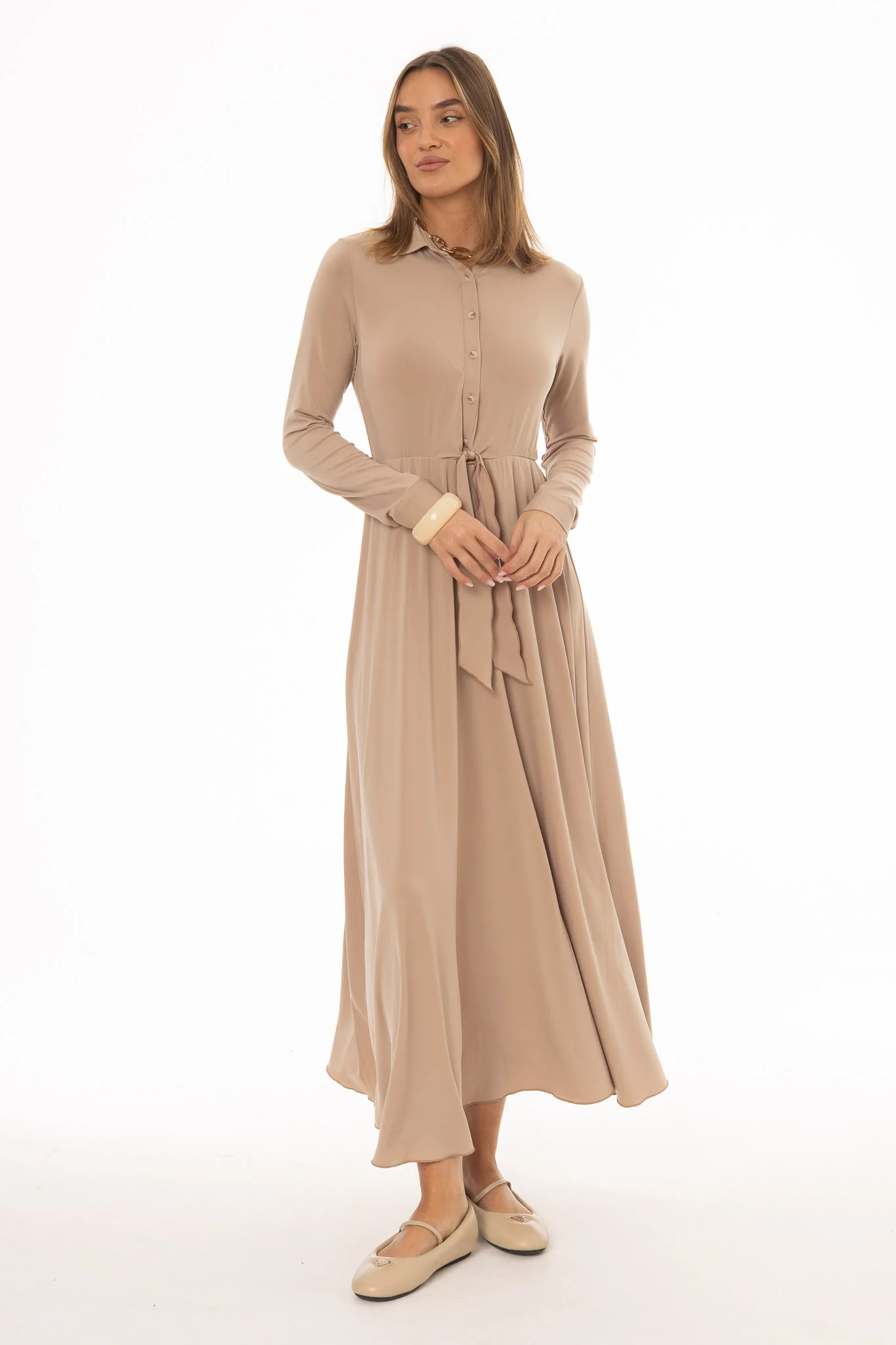 Tan Slinky Button Tie Maxi Dress - Image 5