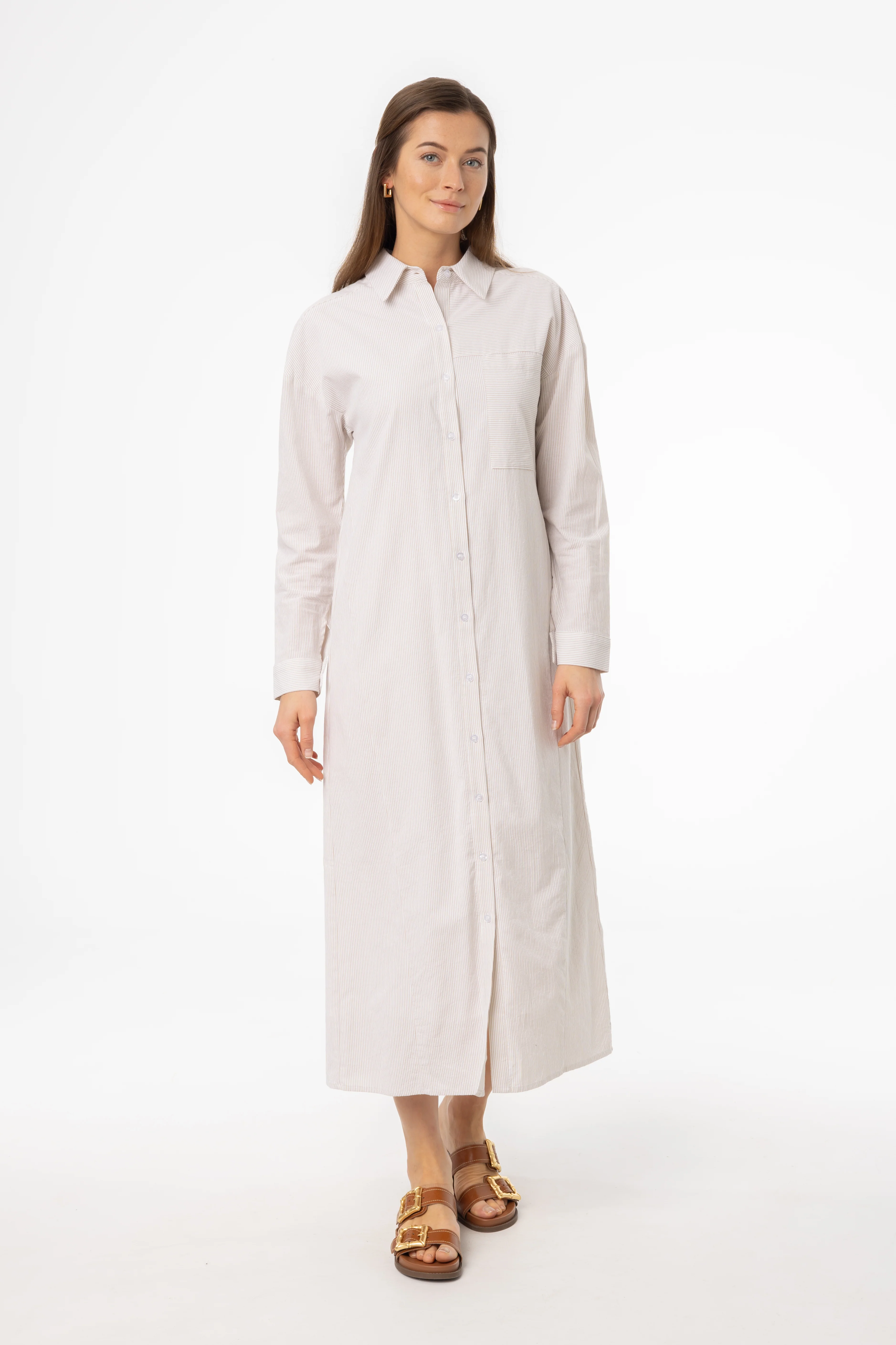 Tan Striped Maxi Shirt Dress - Image 4