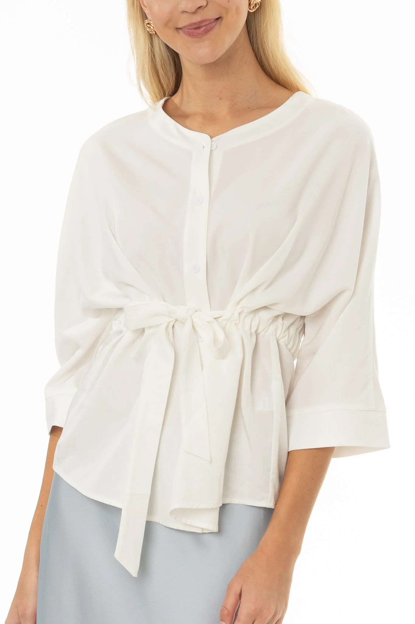White 3/4 Sleeve Tie Blouse - Image 2