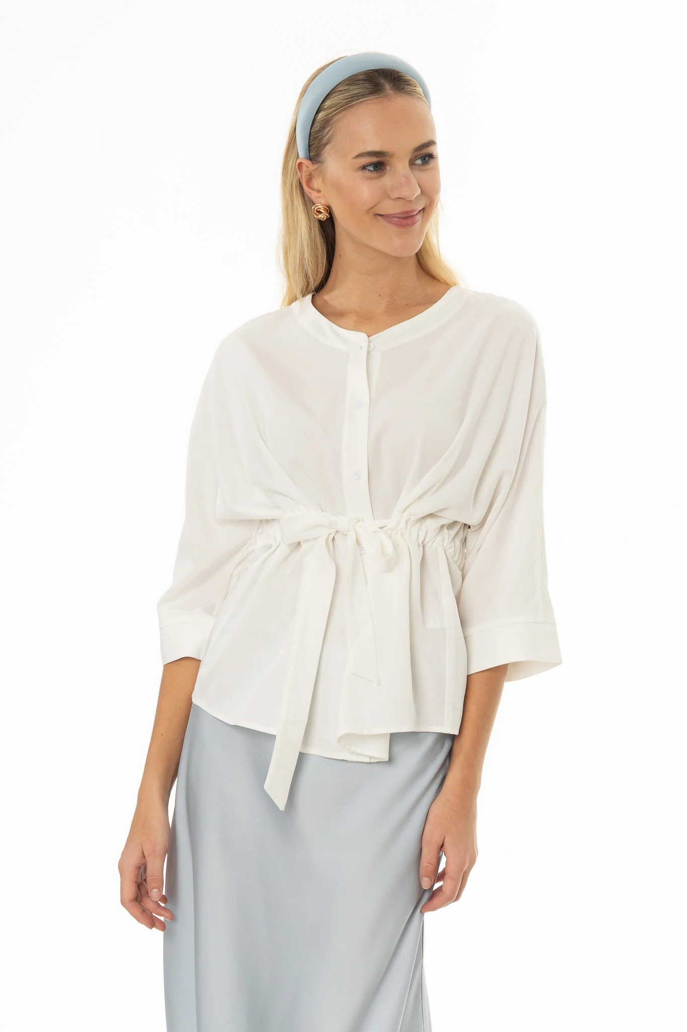 White 3/4 Sleeve Tie Blouse - Image 5