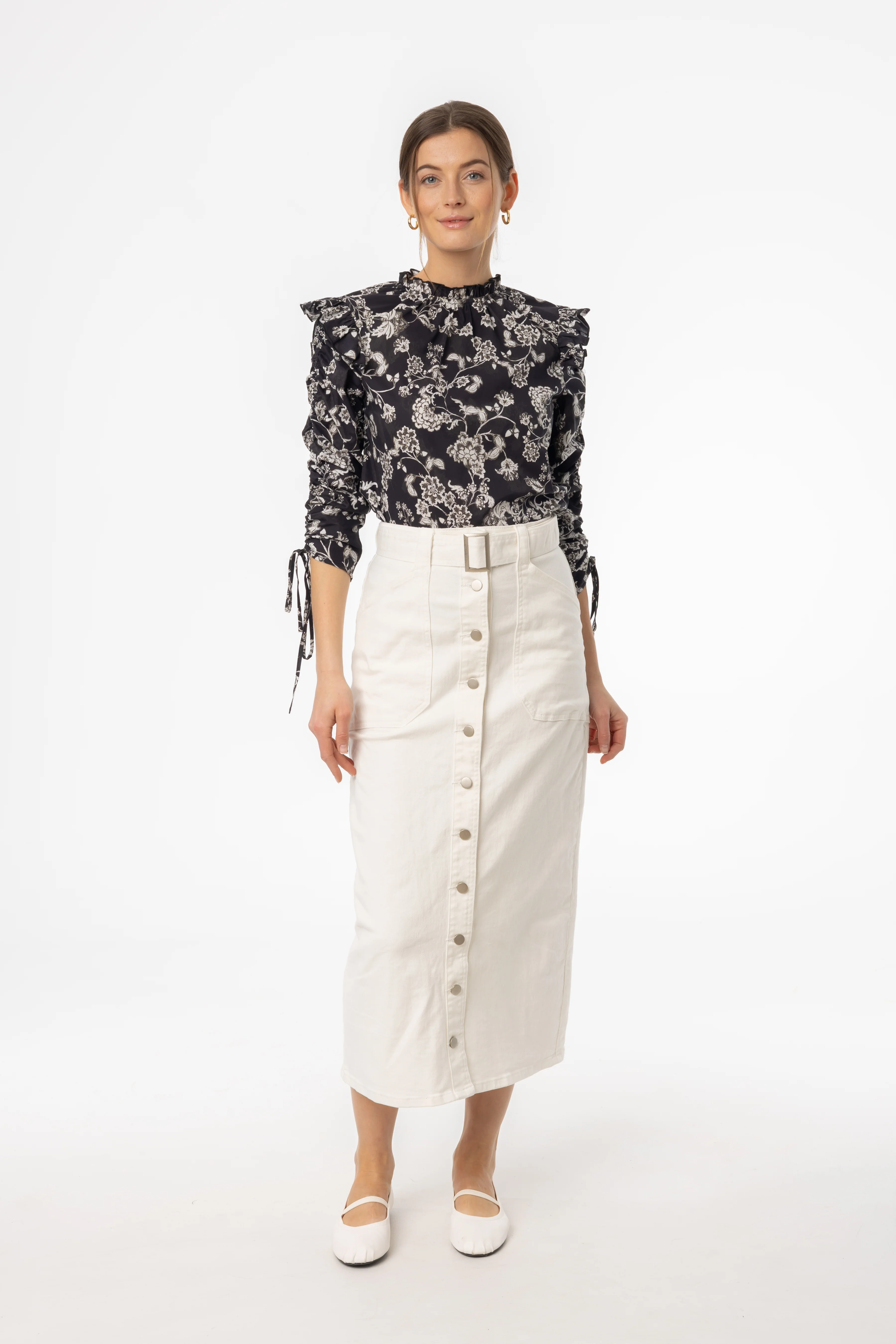 White Belted Button Down Denim Skirt