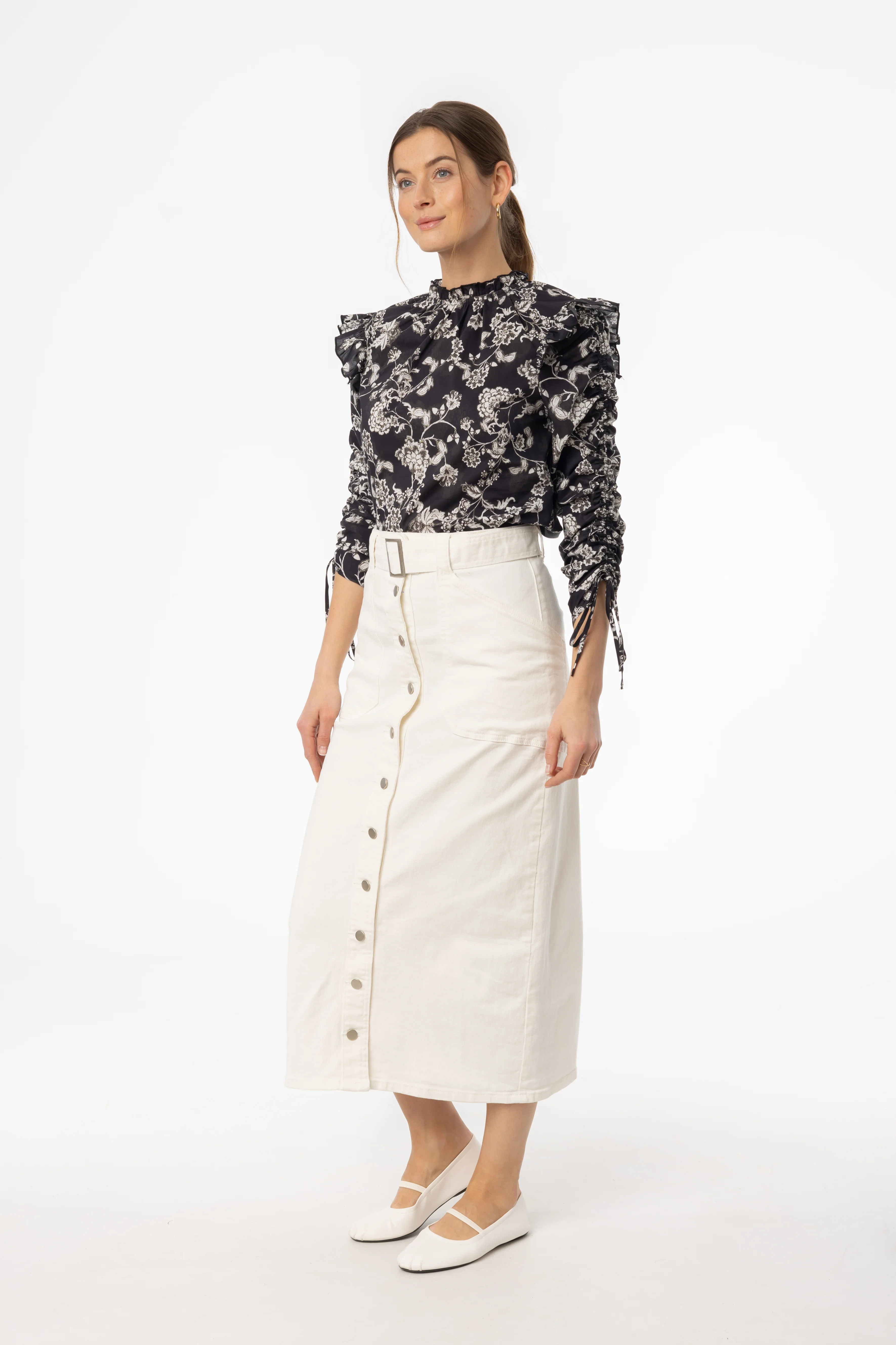 White Belted Button Down Denim Skirt - Image 2
