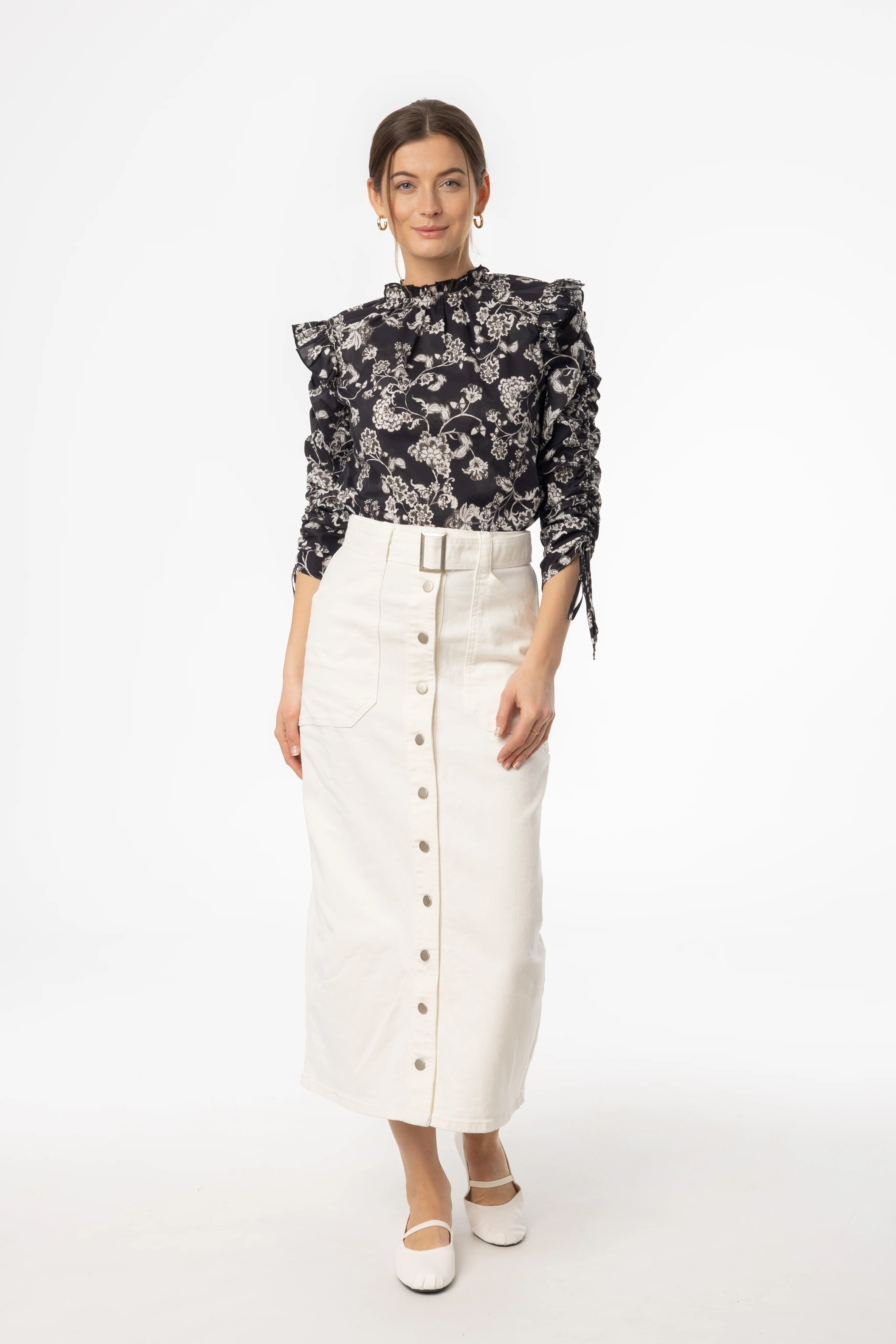 White Belted Button Down Denim Skirt - Image 4