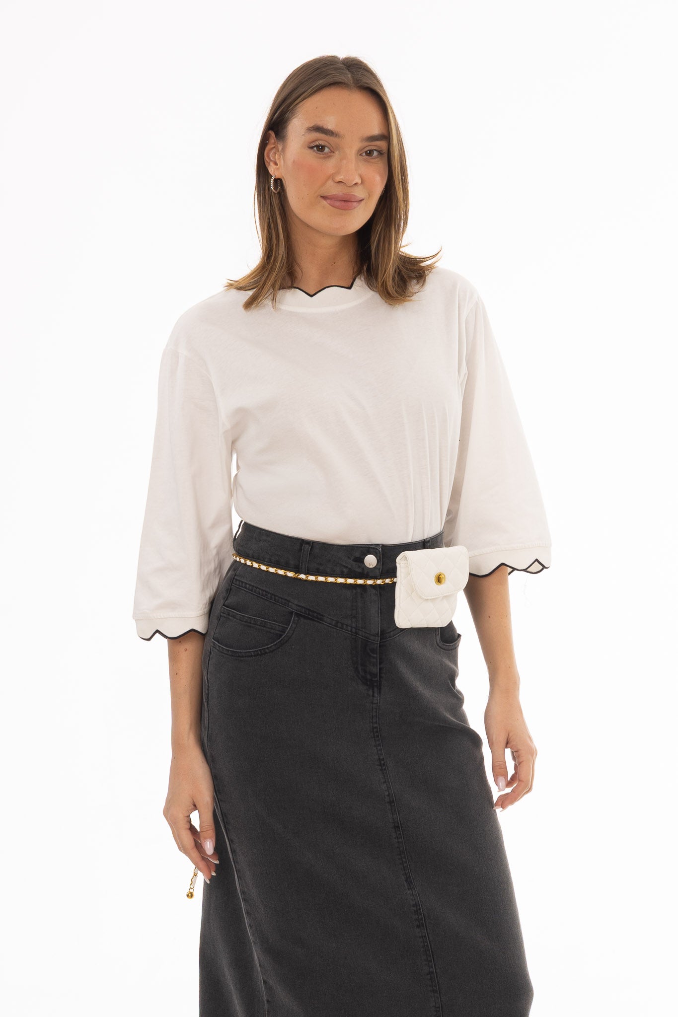 White Contrast Hem Dolman T-Shirt - Image 5