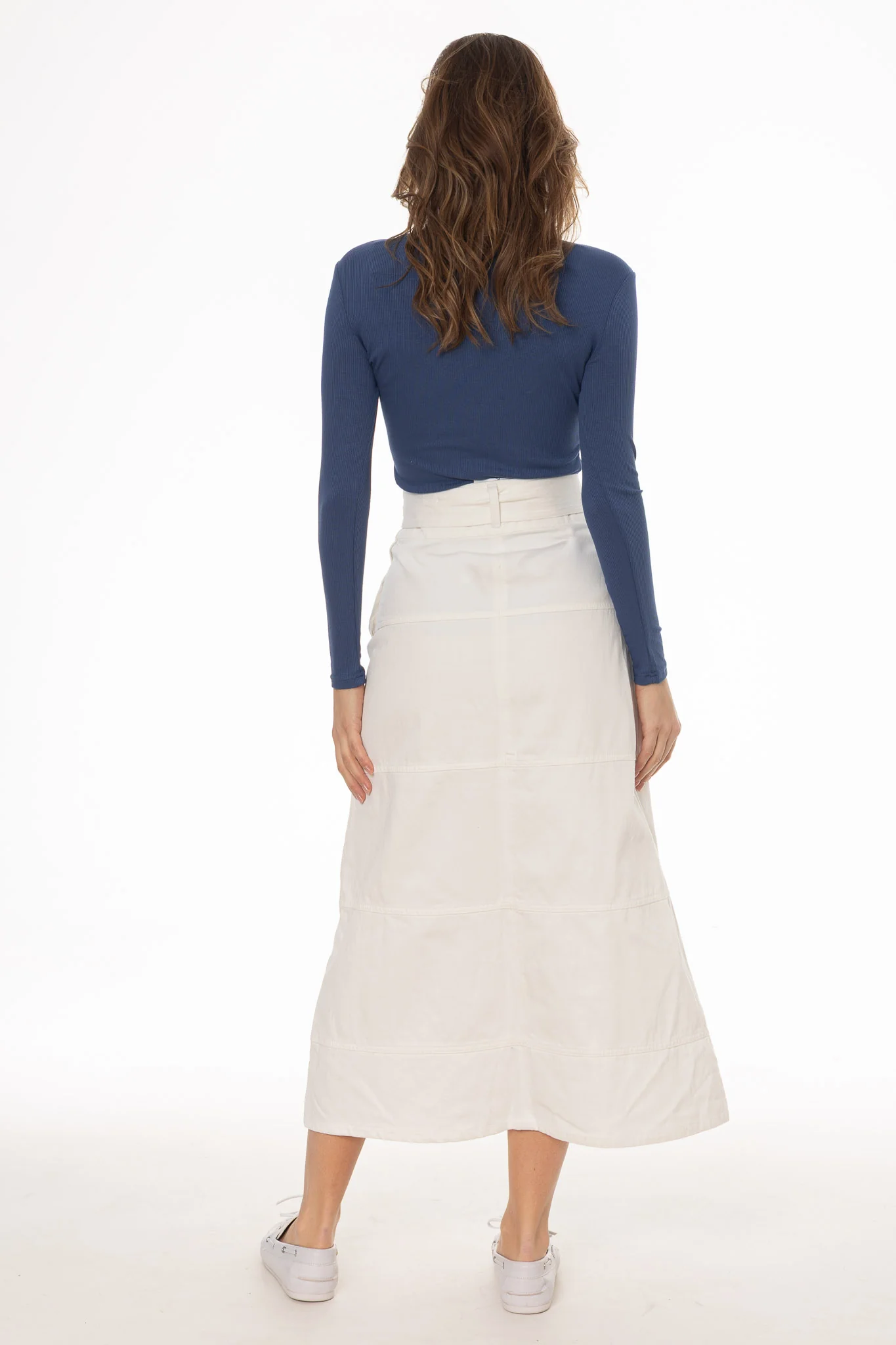 White Denim Belted A-Line Maxi Skirt - Image 4
