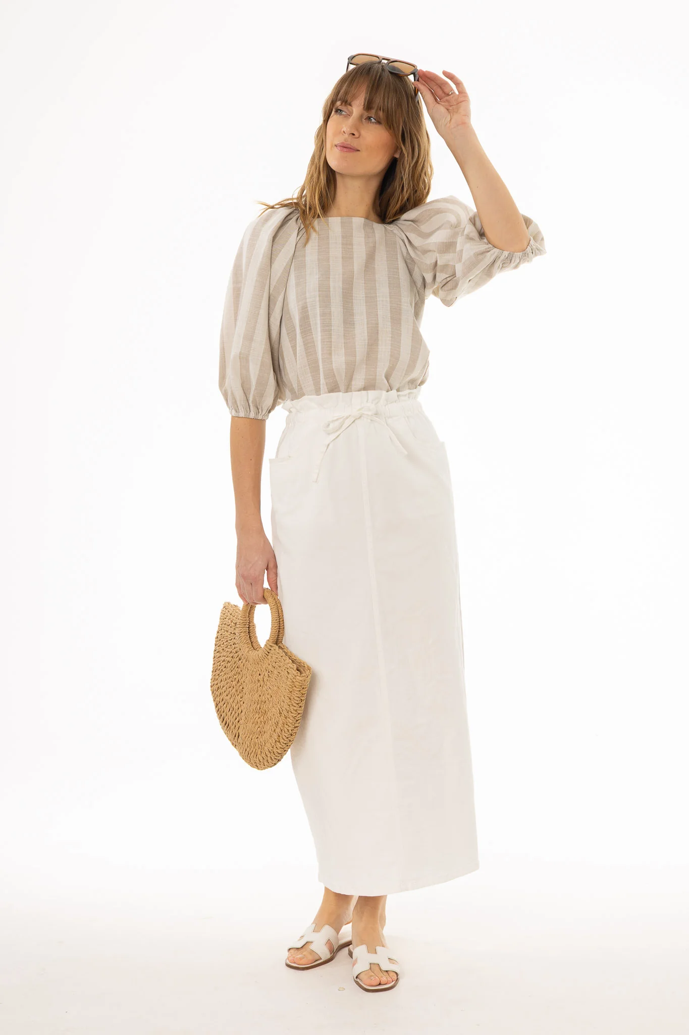 White Drawstring Denim Maxi Skirt
