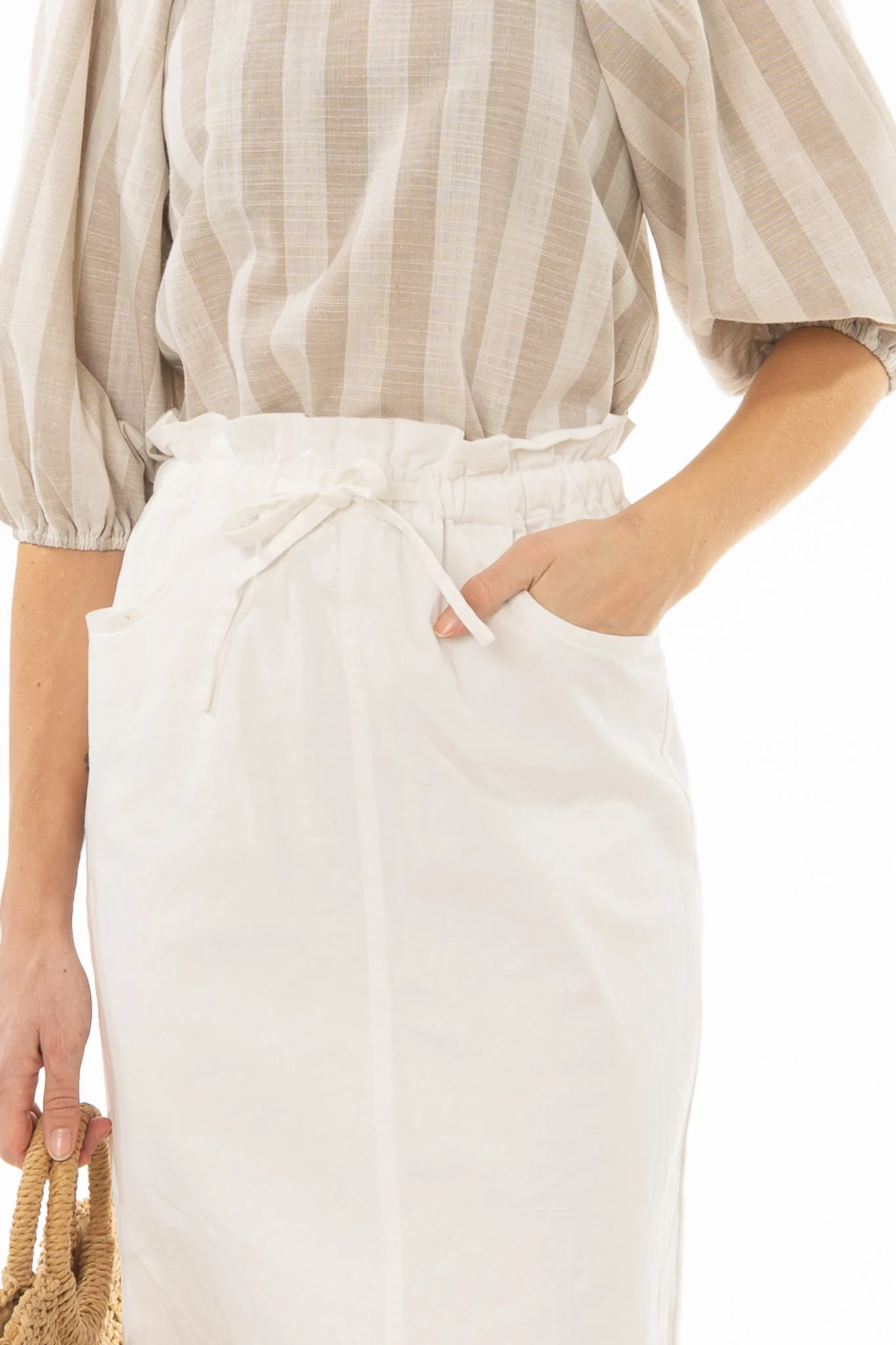 White Drawstring Denim Maxi Skirt - Image 2