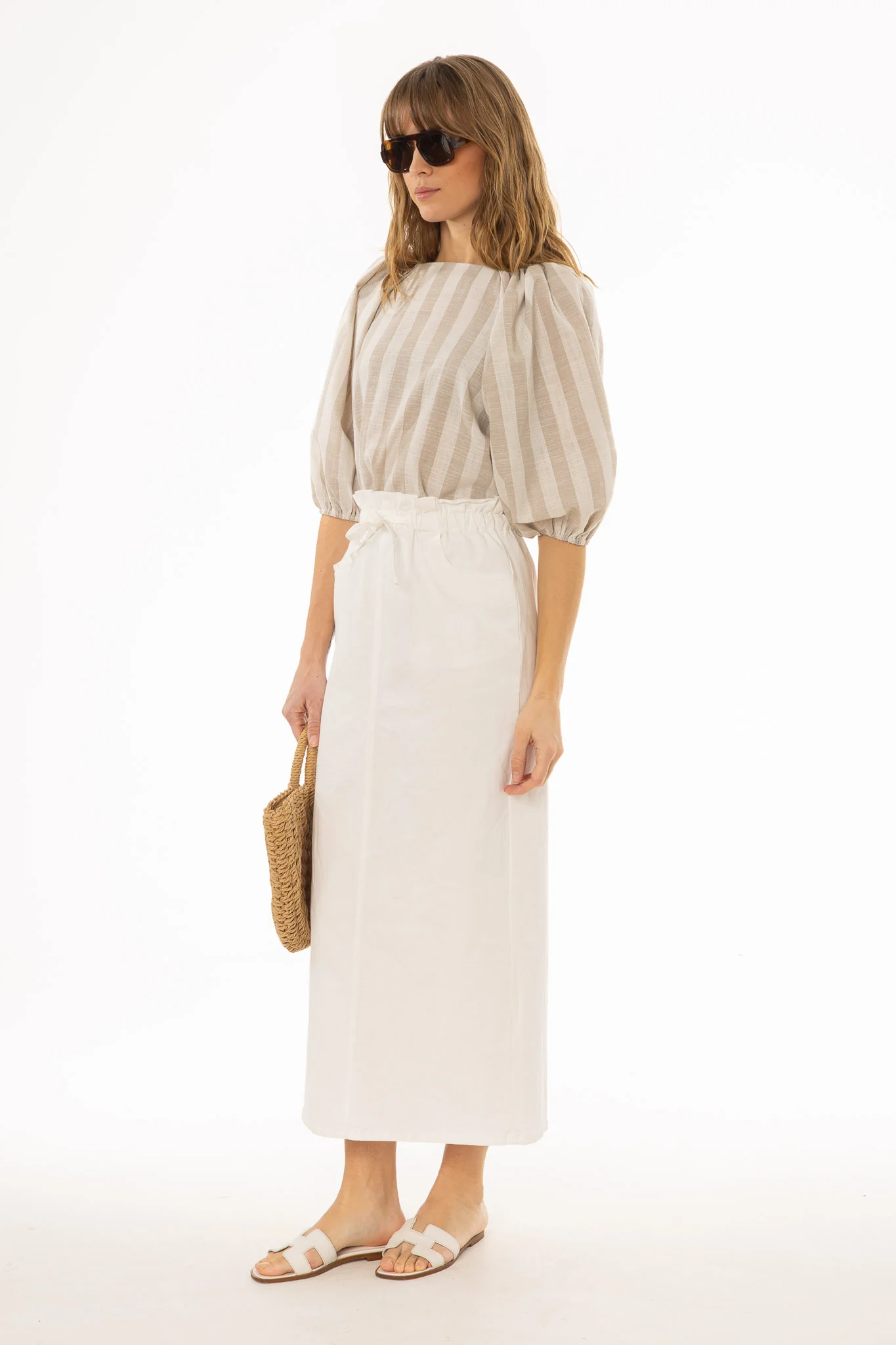 White Drawstring Denim Maxi Skirt - Image 3