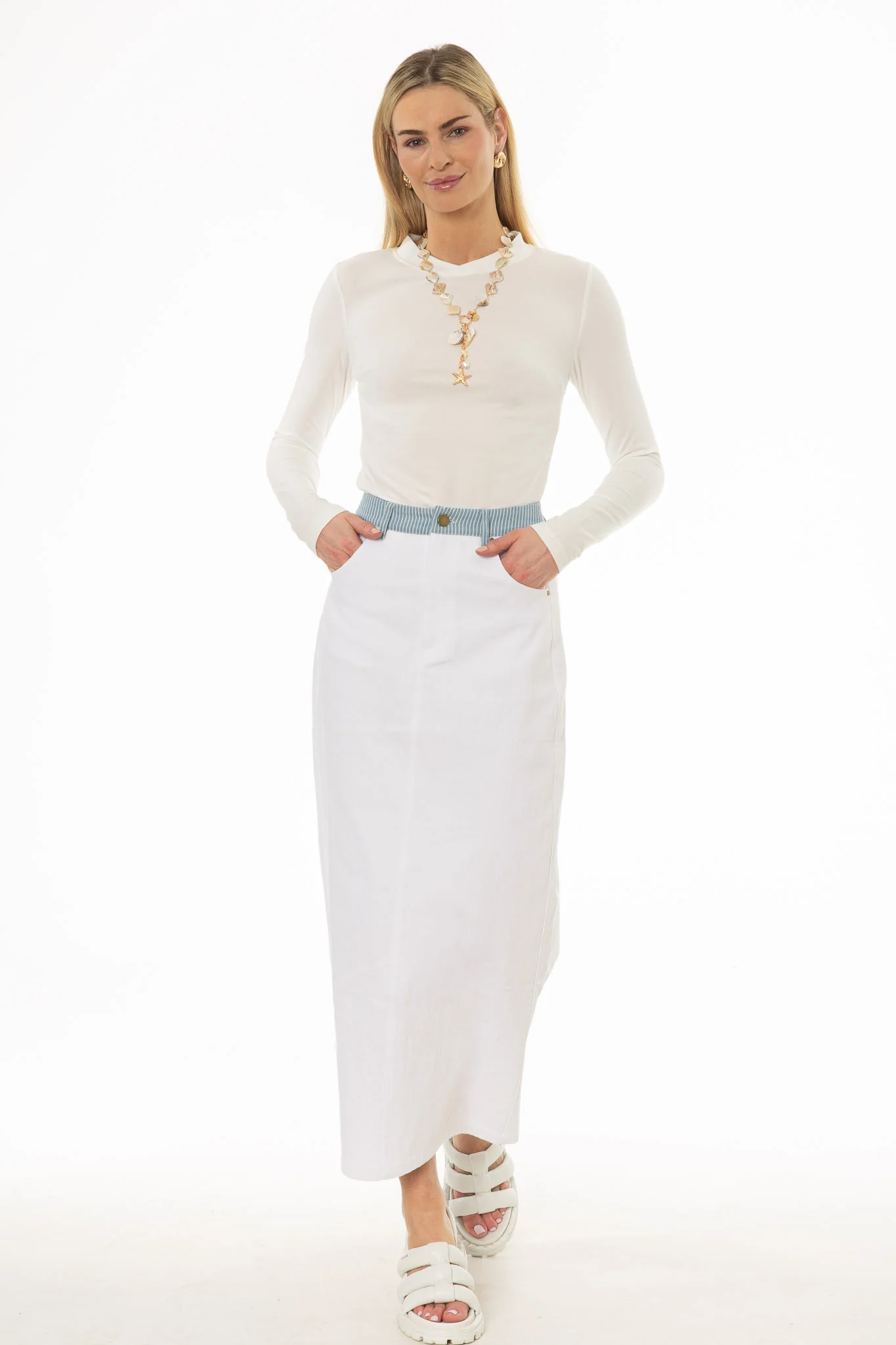 White Pinstripe Trim Denim Maxi Skirt