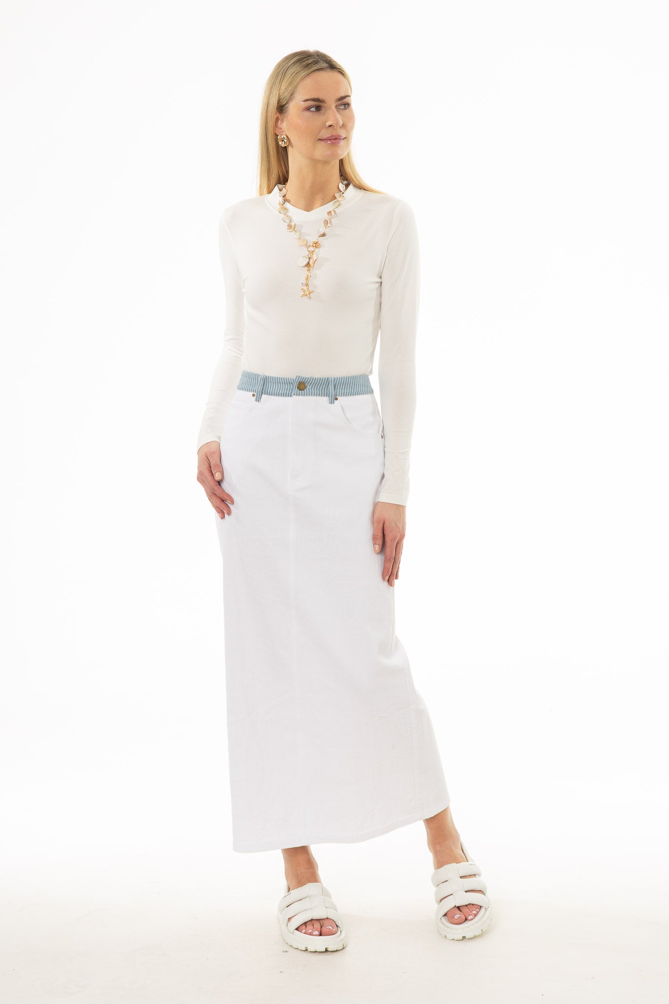 White Pinstripe Trim Denim Maxi Skirt - Image 5