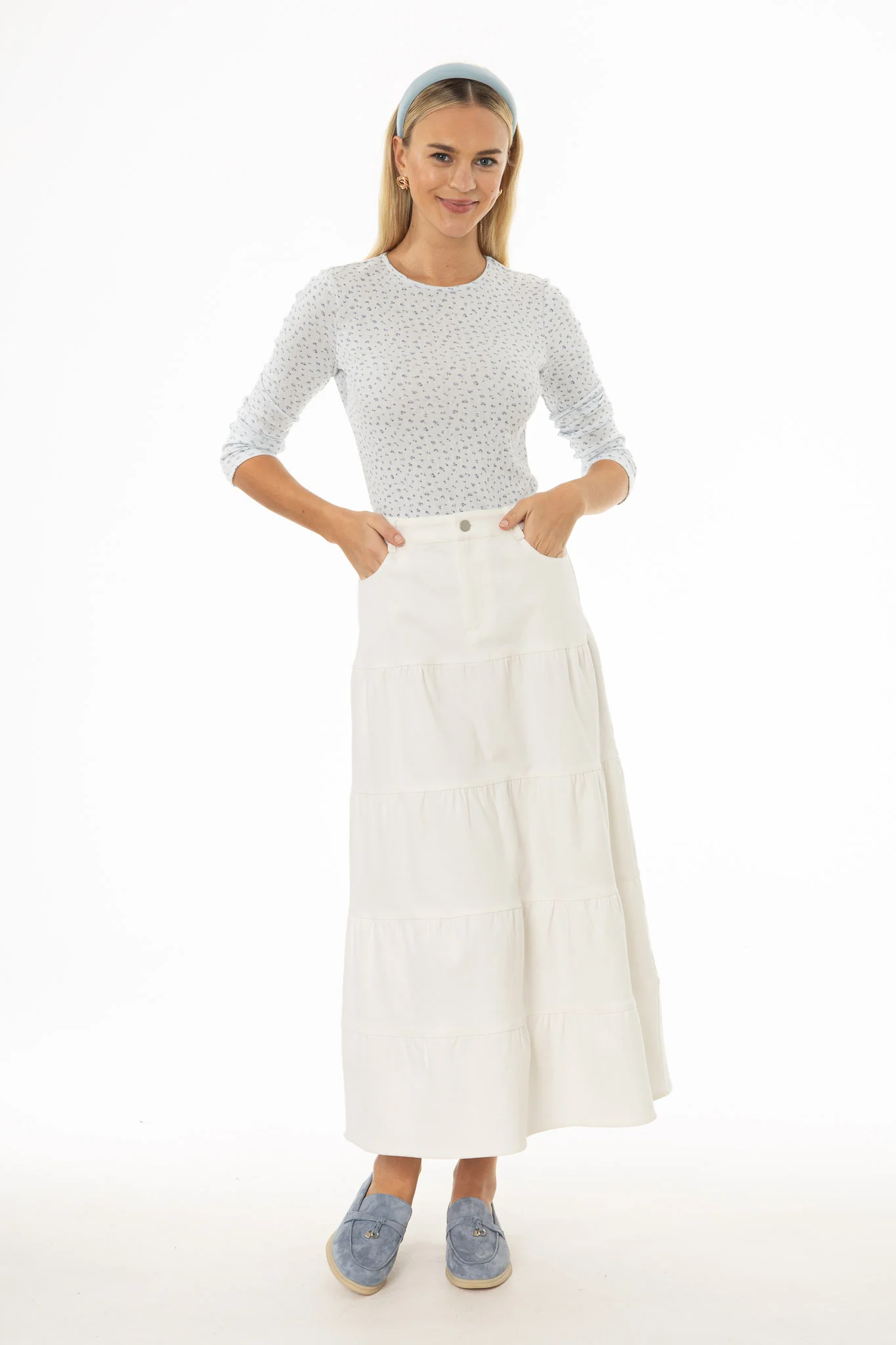 White Tiered Denim Maxi Skirt