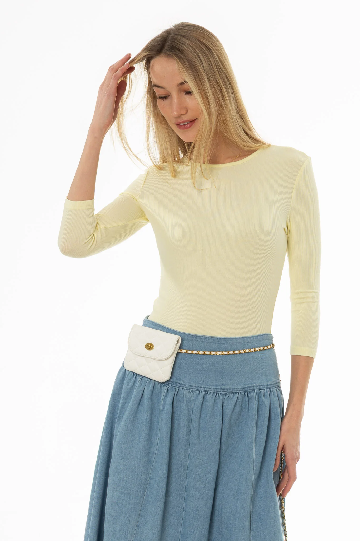 Yellow Ribbed Round Neck 3/4 Sleeve T-Shirt