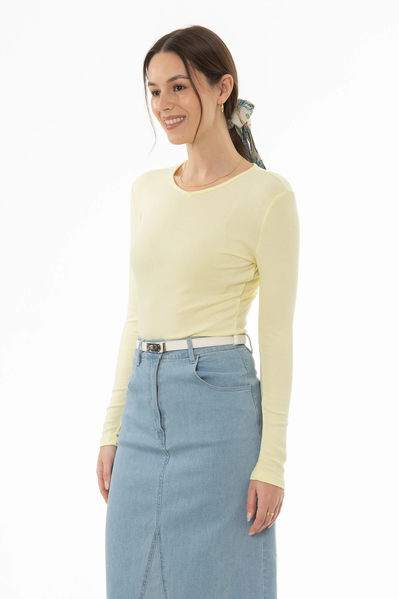 Yellow Ribbed V-Neck Long Sleeve T-Shirt - Image 3