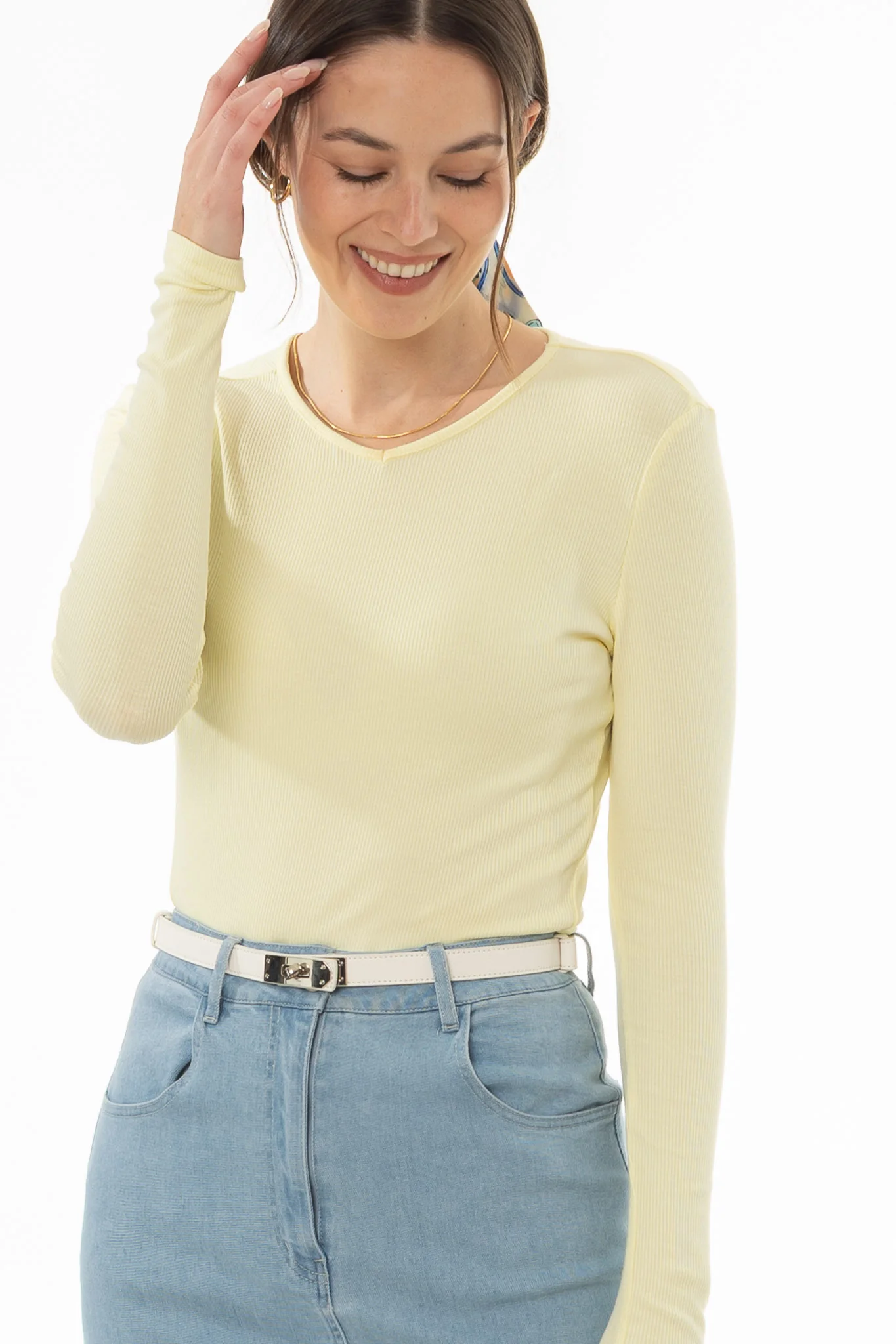 Yellow Ribbed V-Neck Long Sleeve T-Shirt - Image 5